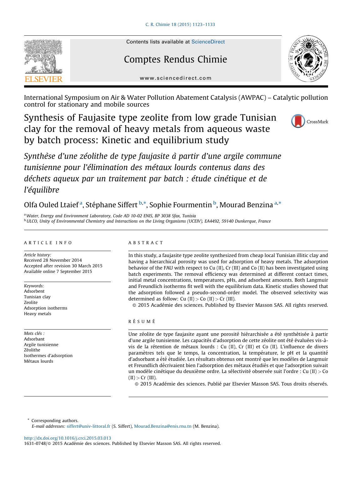 Synthesis of Faujasite type zeolite from low grade Tunisian clay for the removal of heavy metals from aqueous waste by batch process: Kinetic and equilibrium study by Olfa Ouled Ltaief & Stéphane Siffert & Sophie Fourmentin & Mourad Benzina