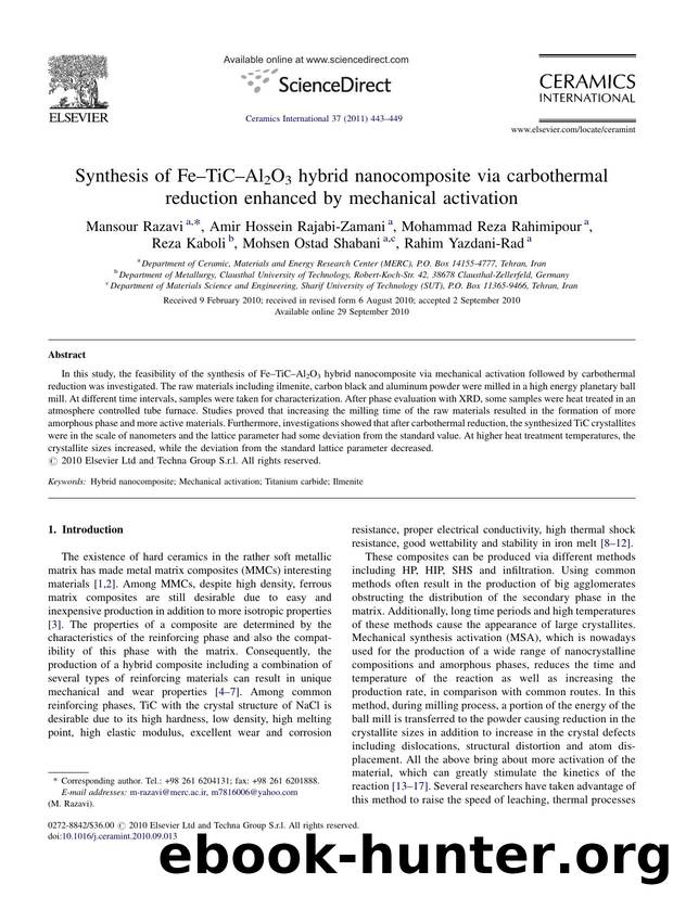 Synthesis of FeÃ¢â¬âTiCÃ¢â¬âAl2O3 hybrid nanocomposite via carbothermal reduction enhanced by mechanical activation by Mansour Razavi
