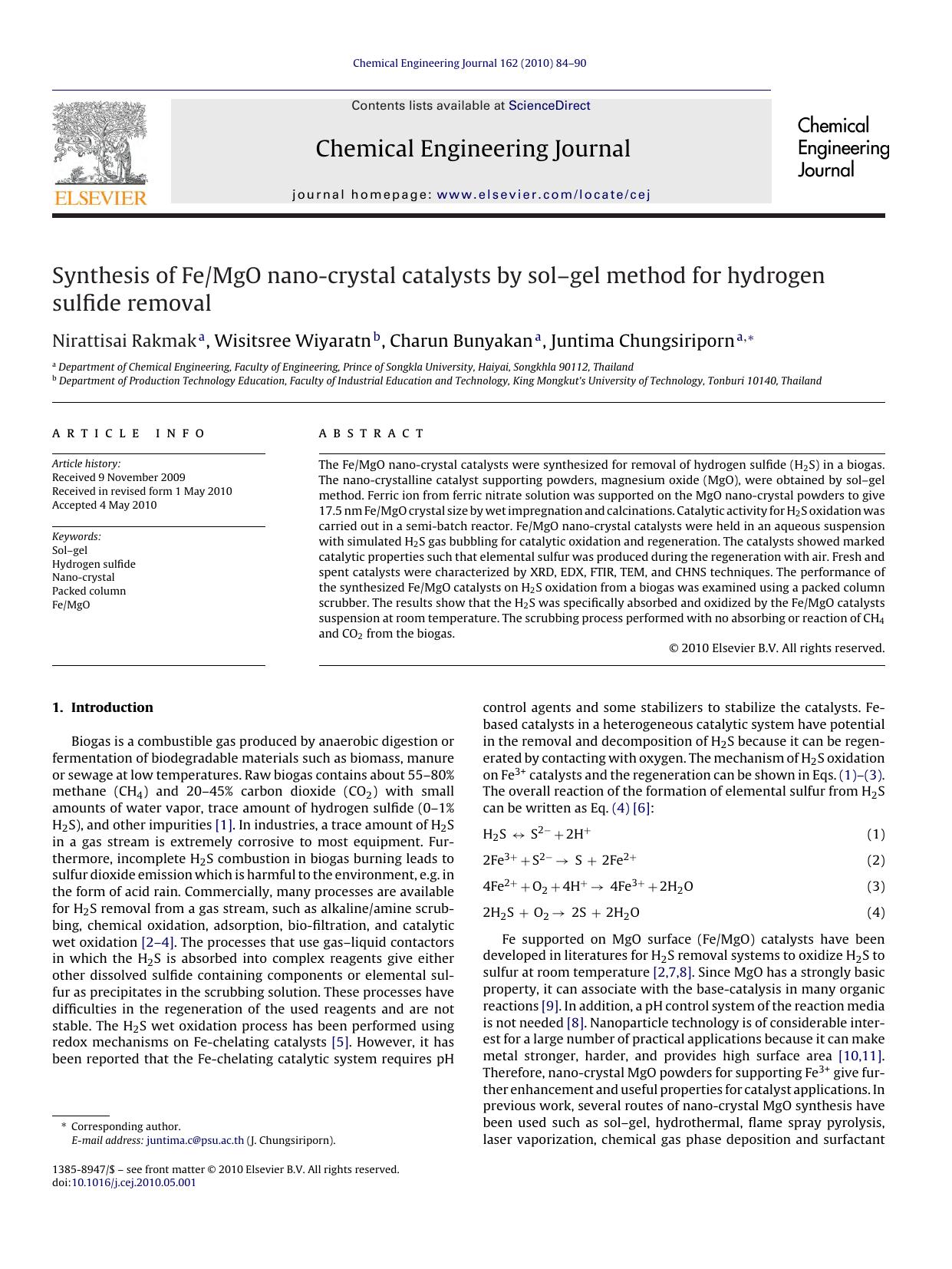 Synthesis of FeMgO nano-crystal catalysts by solÃ¢â¬âgel method for hydrogen sulfide removal by Nirattisai Rakmak