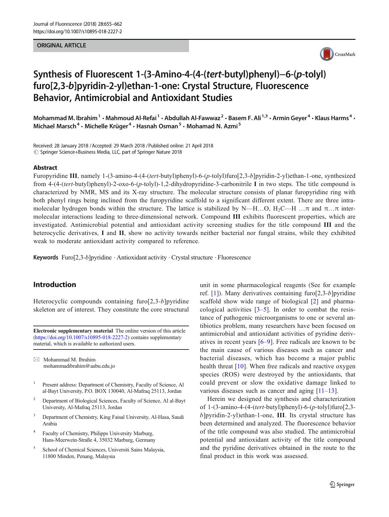 Synthesis of Fluorescent 1-(3-Amino-4-(4-(tert-butyl)phenyl)â6-(p-tolyl)furo[2,3-b]pyridin-2-yl)ethan-1-one: Crystal Structure, Fluorescence Behavior, Antimicrobial and Antioxidant Studies by unknow