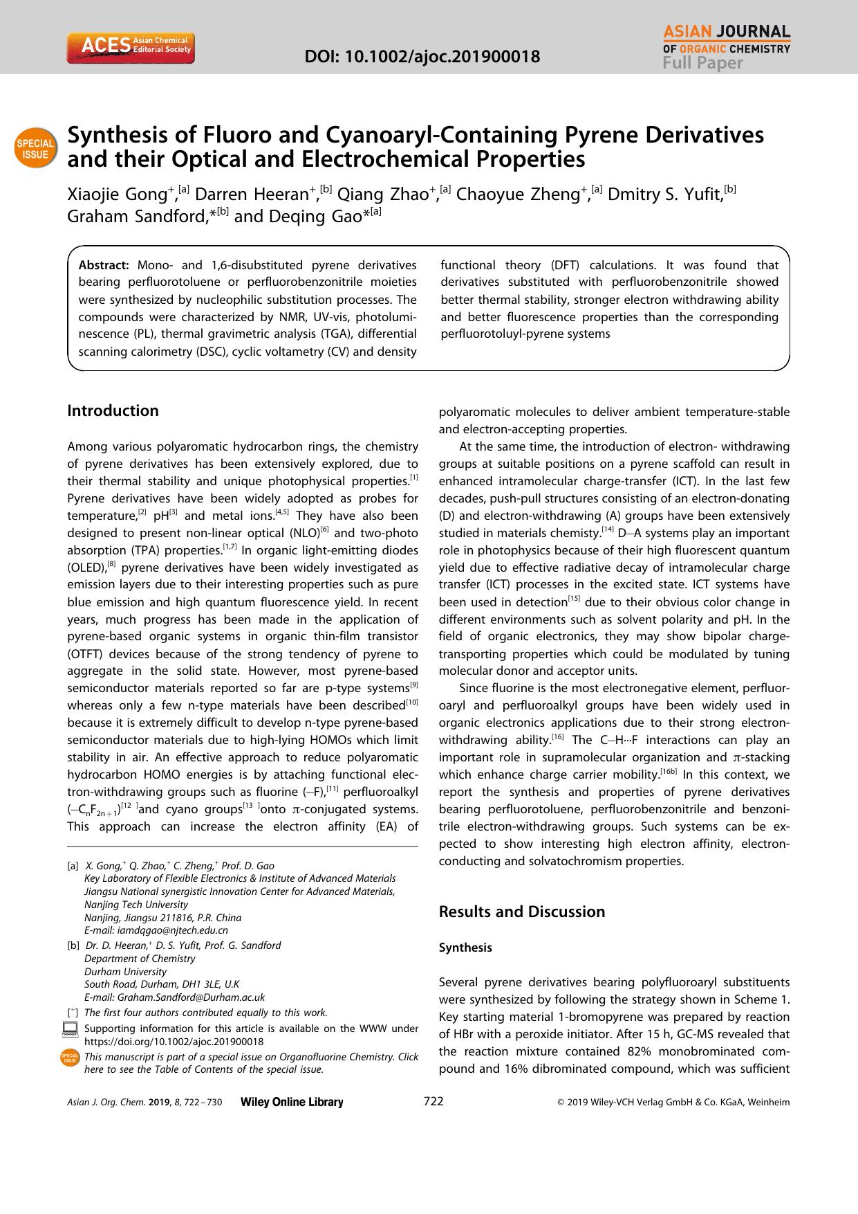 Synthesis of Fluoro and CyanoarylâContaining Pyrene Derivatives and their Optical and Electrochemical Properties by Unknown