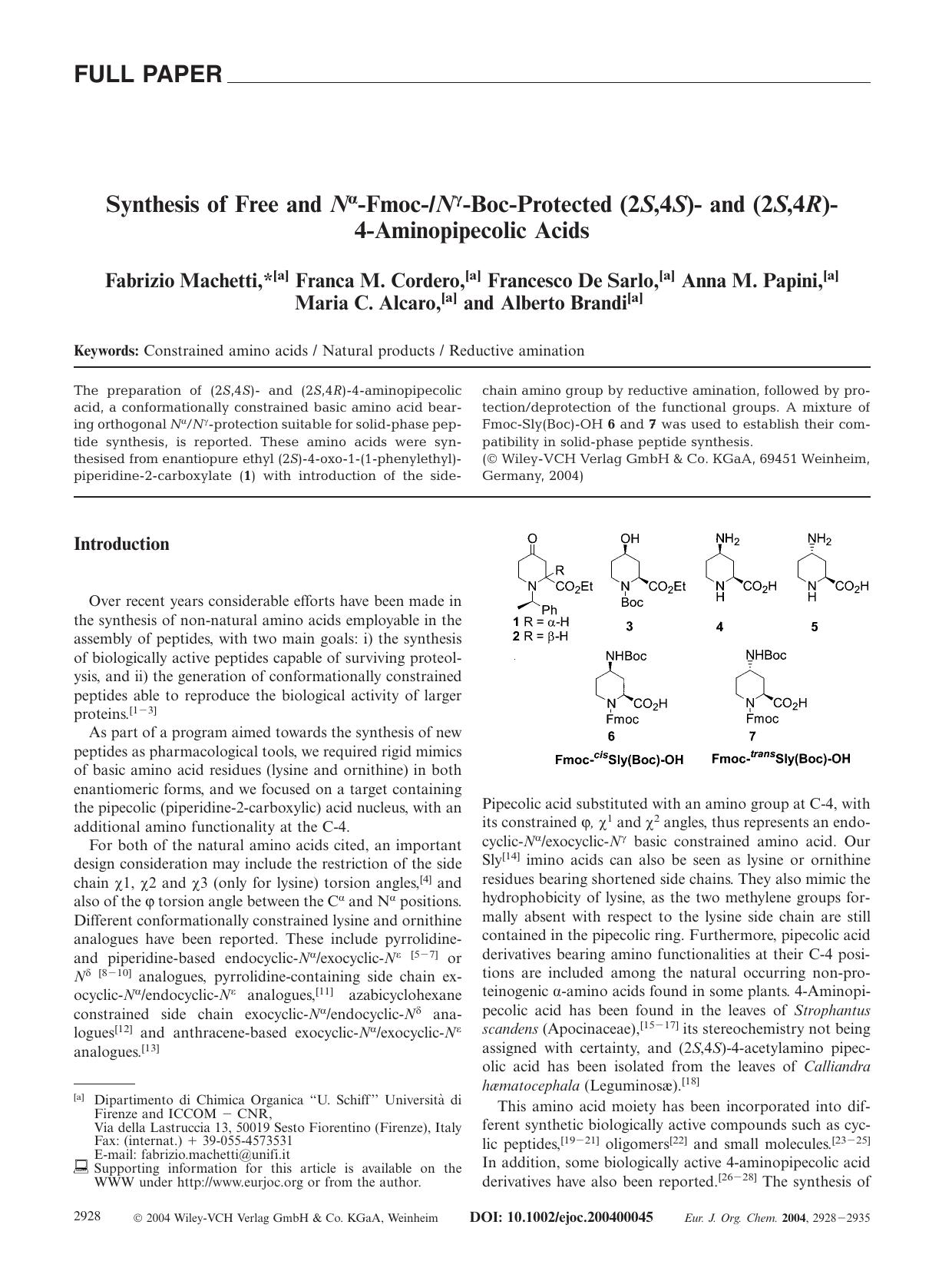 Synthesis of Free and N[alpha]-Fmoc-N[gamma]-Boc-Protected (2S,4S)- and (2S,4R)-4-Aminopipecolic Acids by Unknown