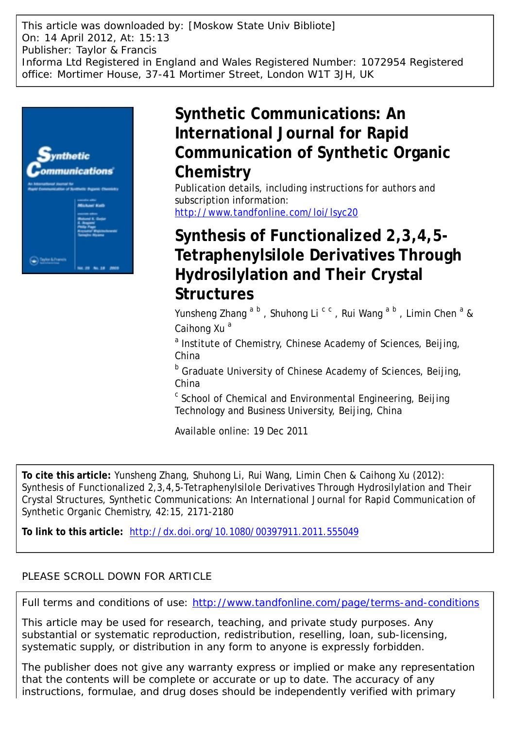 Synthesis of Functionalized 2,3,4,5-Tetraphenylsilole Derivatives Through Hydrosilylation and Their Crystal Structures by unknow