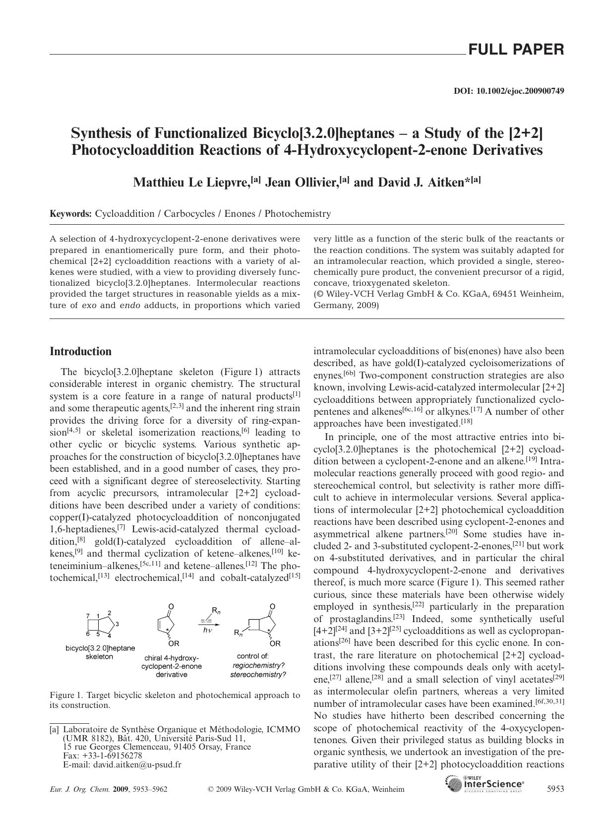 Synthesis of Functionalized Bicyclo[3.2.0]heptanes - a Study of the [2+2] Photocycloaddition Reactions of 4-Hydroxycyclopent-2-enone Derivatives by Unknown