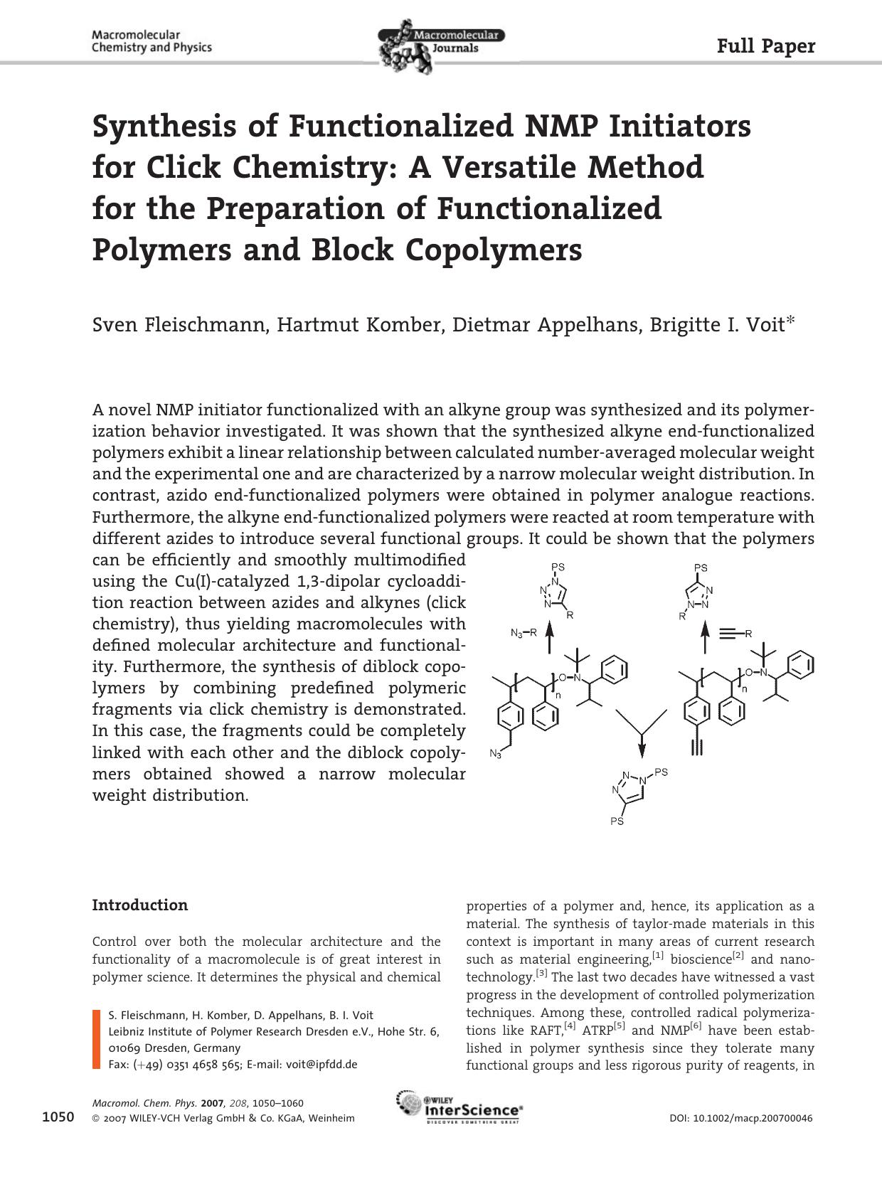 Synthesis of Functionalized NMP Initiators for Click Chemistry: A Versatile Method for the Preparation of Functionalized Polymers and Block Copolymers by Unknown