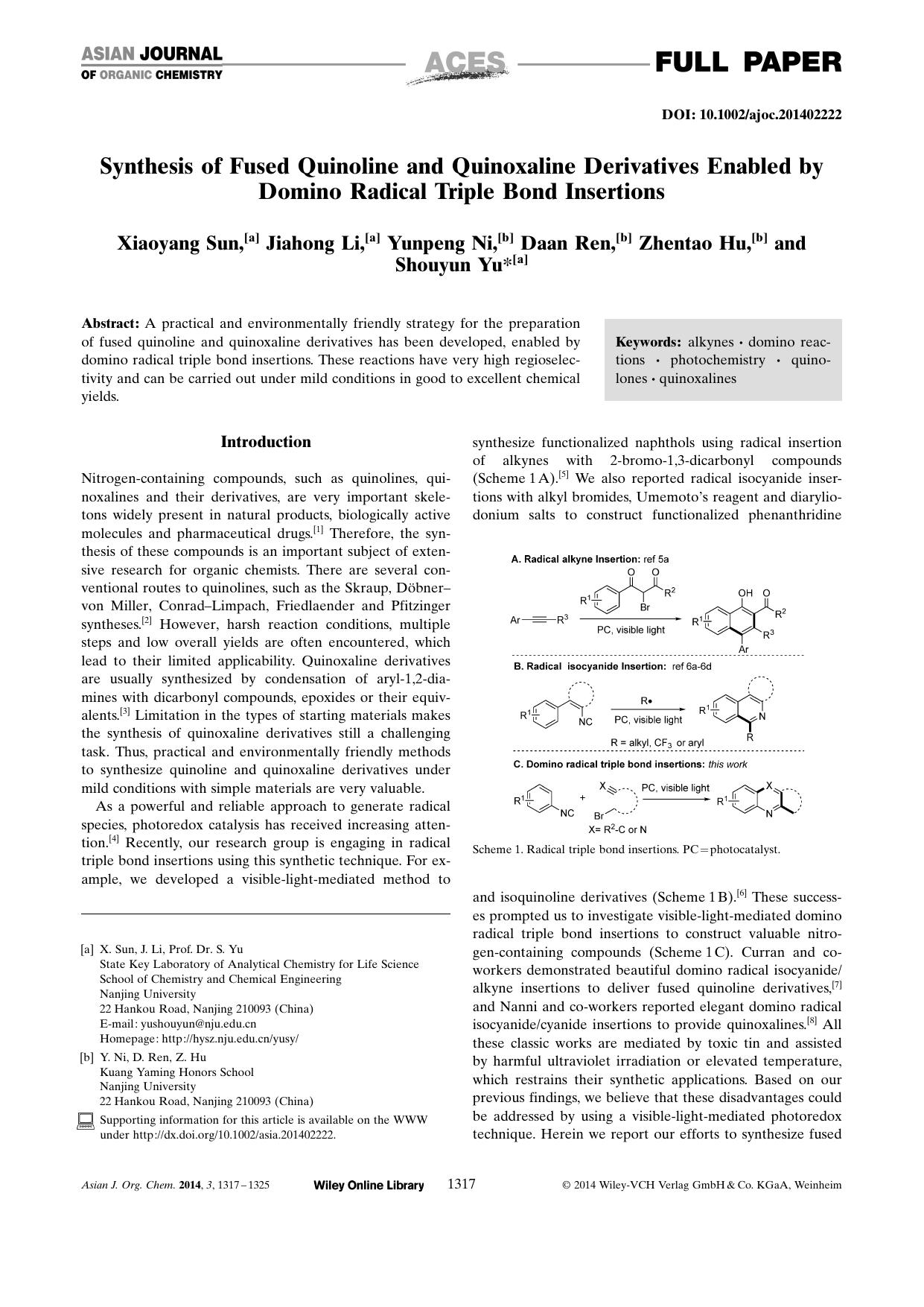 Synthesis of Fused Quinoline and Quinoxaline Derivatives Enabled by Domino Radical Triple Bond Insertions by Unknown