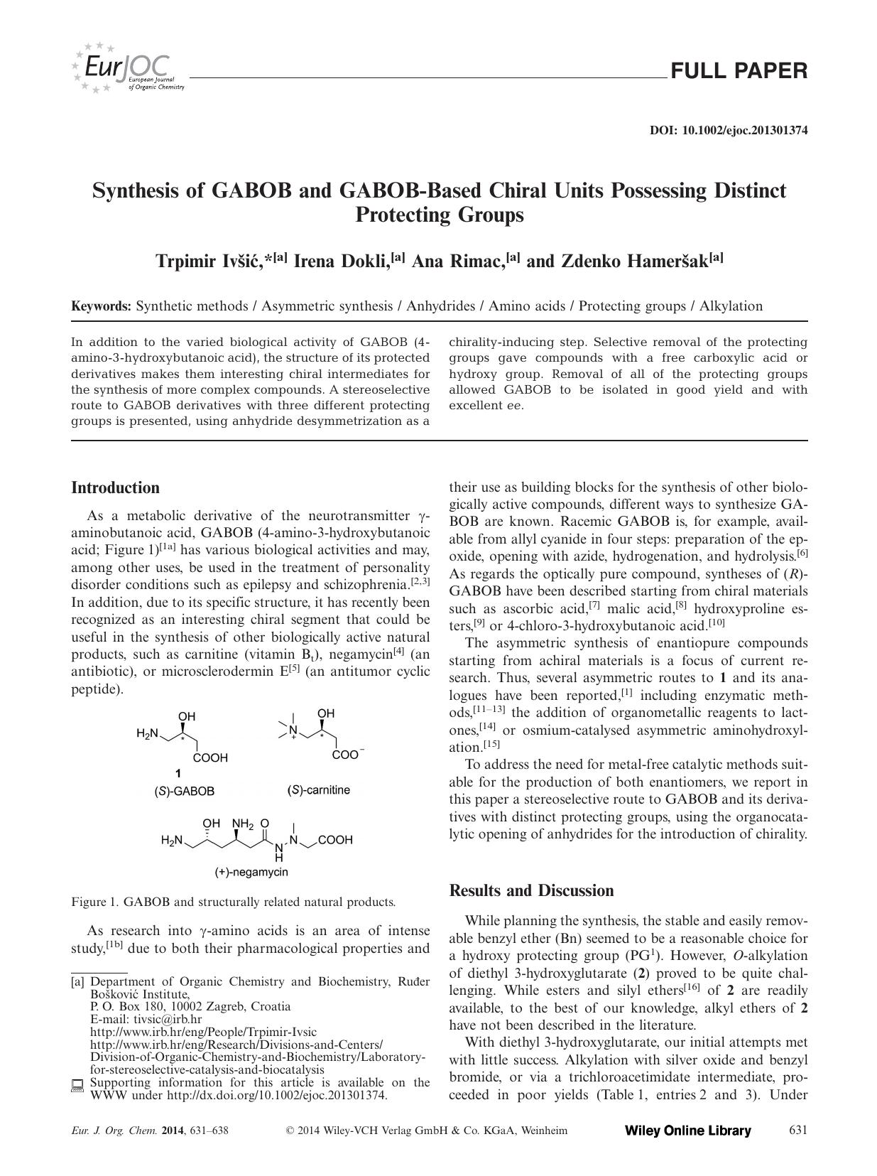 Synthesis of GABOB and GABOBBased Chiral Units Possessing Distinct Protecting Groups by Unknown