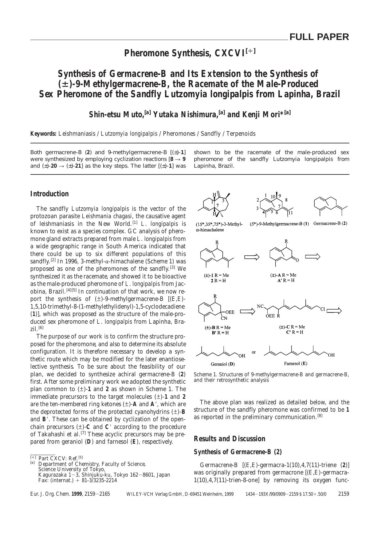Synthesis of Germacrene-B and Its Extension to the Synthesis of (Â±)-9-Methylgermacrene-B, the Racemate of the Male-Produced Sex Pheromone of the Sandfly Lutzomyia longipalpis from Lapinha, Brazil by Unknown