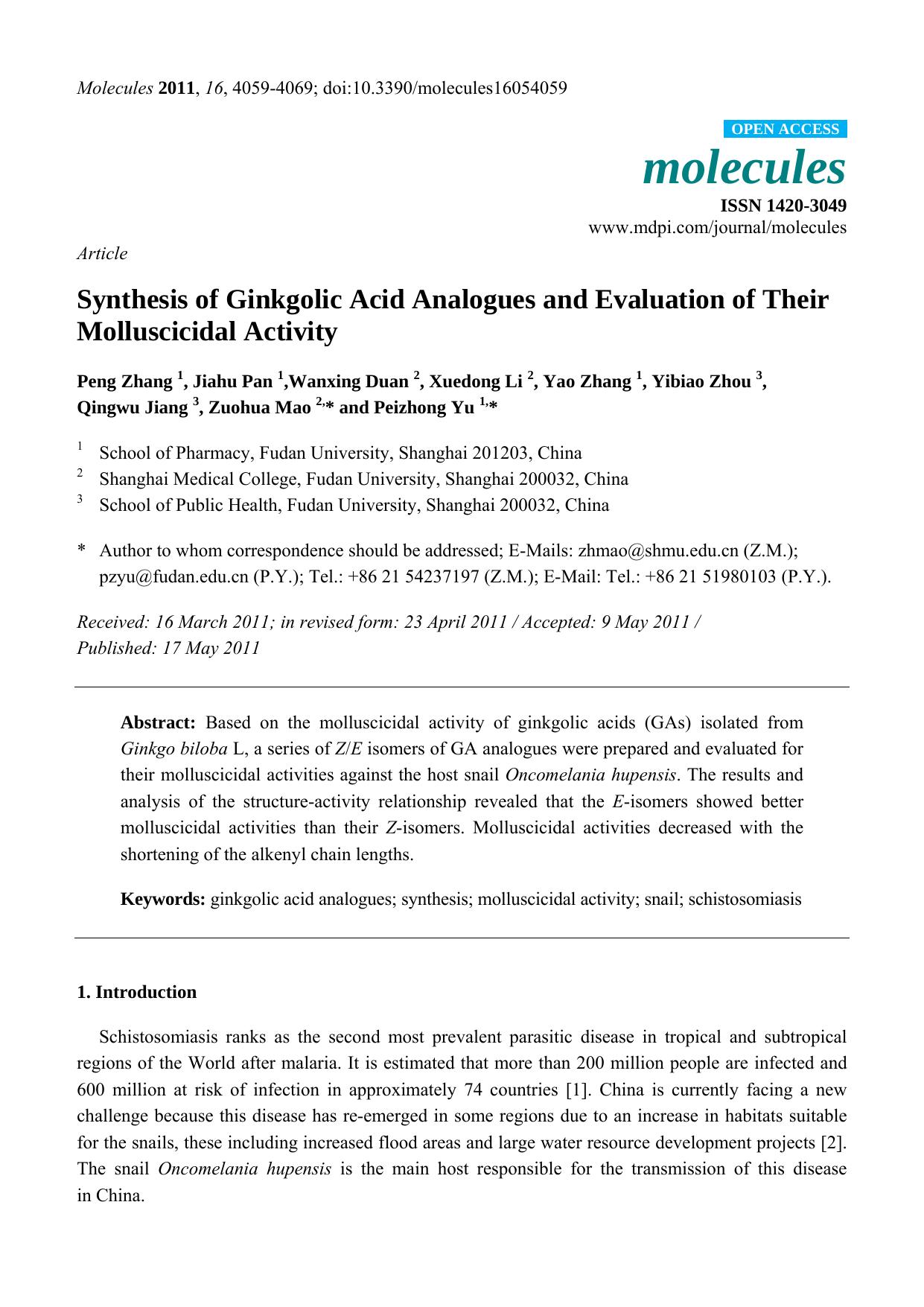 Synthesis of Ginkgolic Acid Analogues and Evaluation of Their Molluscicidal Activity by unknow