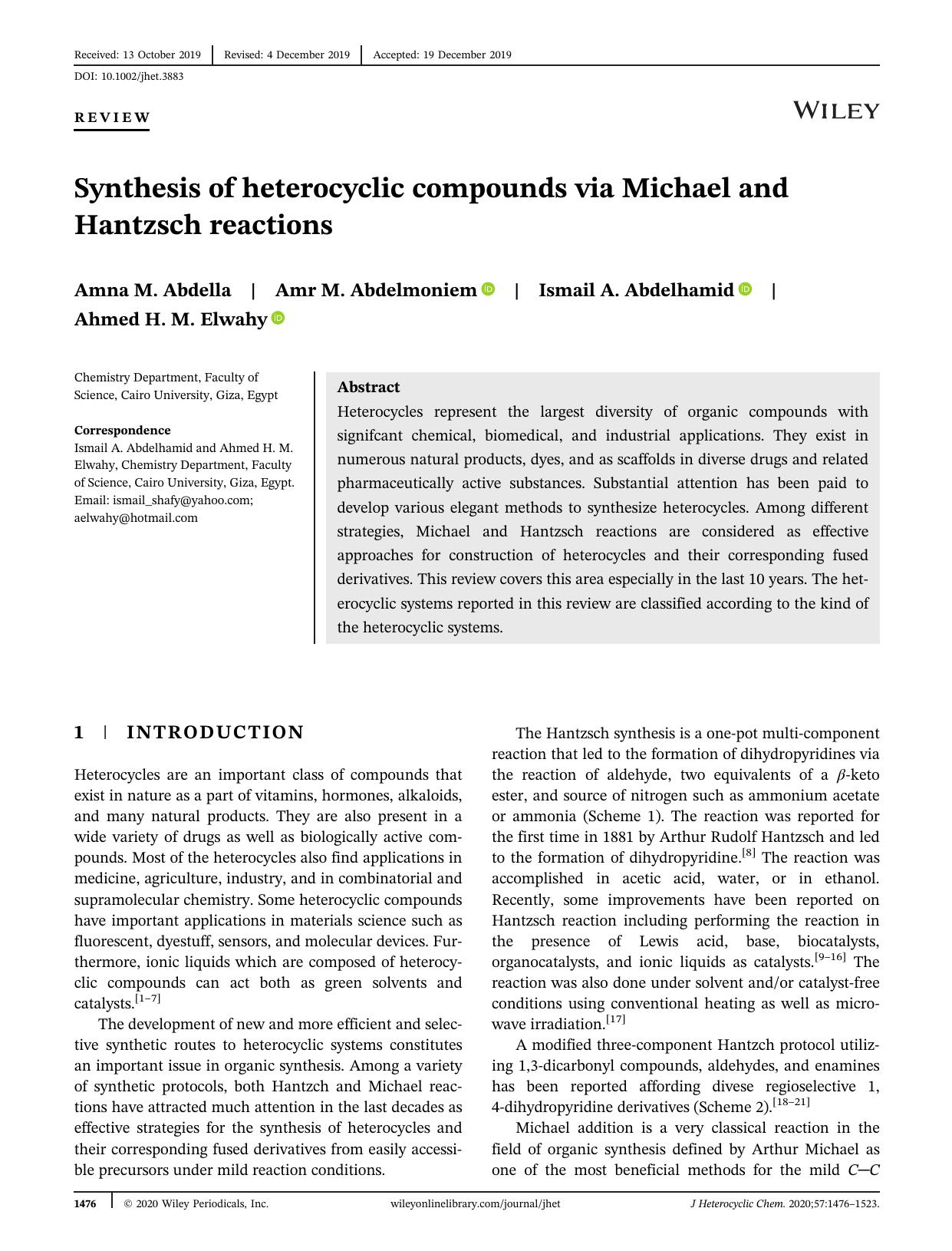 Synthesis of Heterocyclic Compounds via Michael and Hantzsch Reactions by Unknown