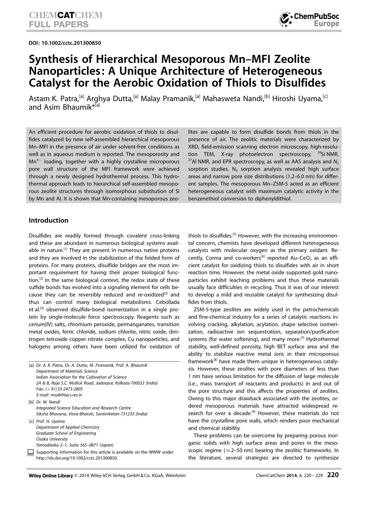 Synthesis of Hierarchical Mesoporous MnMFI Zeolite Nanoparticles: A Unique Architecture of Heterogeneous Catalyst for the Aerobic Oxidation of Thiols to Disulfides by Unknown