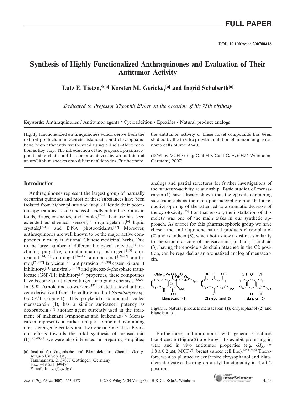 Synthesis of Highly Functionalized Anthraquinones and Evaluation of Their Antitumor Activity by Unknown