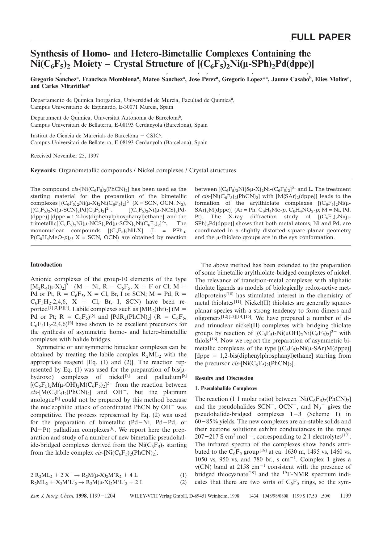Synthesis of Homo- and Hetero-Bimetallic Complexes Containing the Ni(C6F5)2 Moiety - Crystal Structure of [(C6F5)2Ni([mgr]-SPh)2Pd(dppe)] by Unknown
