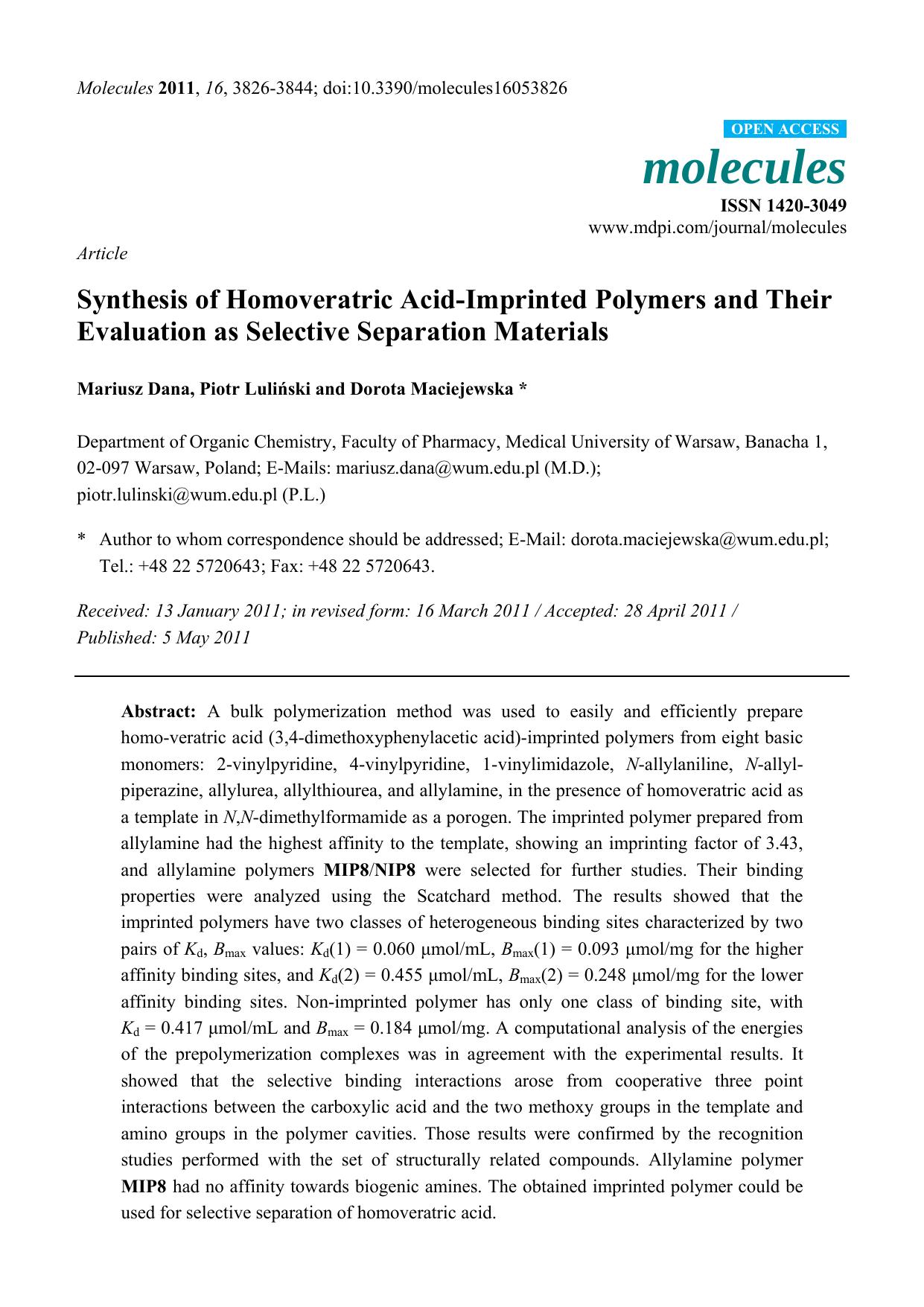 Synthesis of Homoveratric Acid-Imprinted Polymers and Their Evaluation as Selective Separation Materials by Mariusz Dana & Piotr Luliński & Dorota Maciejewska