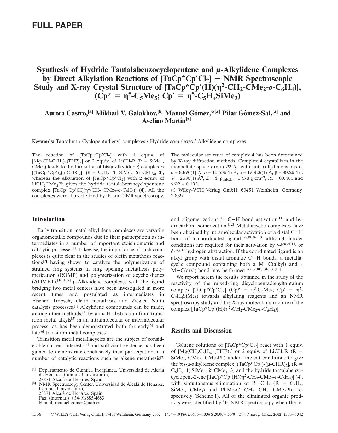 Synthesis of Hydride Tantalabenzocyclopentene and Âµ-Alkylidene Complexes by Direct Alkylation Reactions of [TaCp*Cp[prime]Cl2] - NMR Spectroscopic Study and X-ray Crystal Structur by Unknown