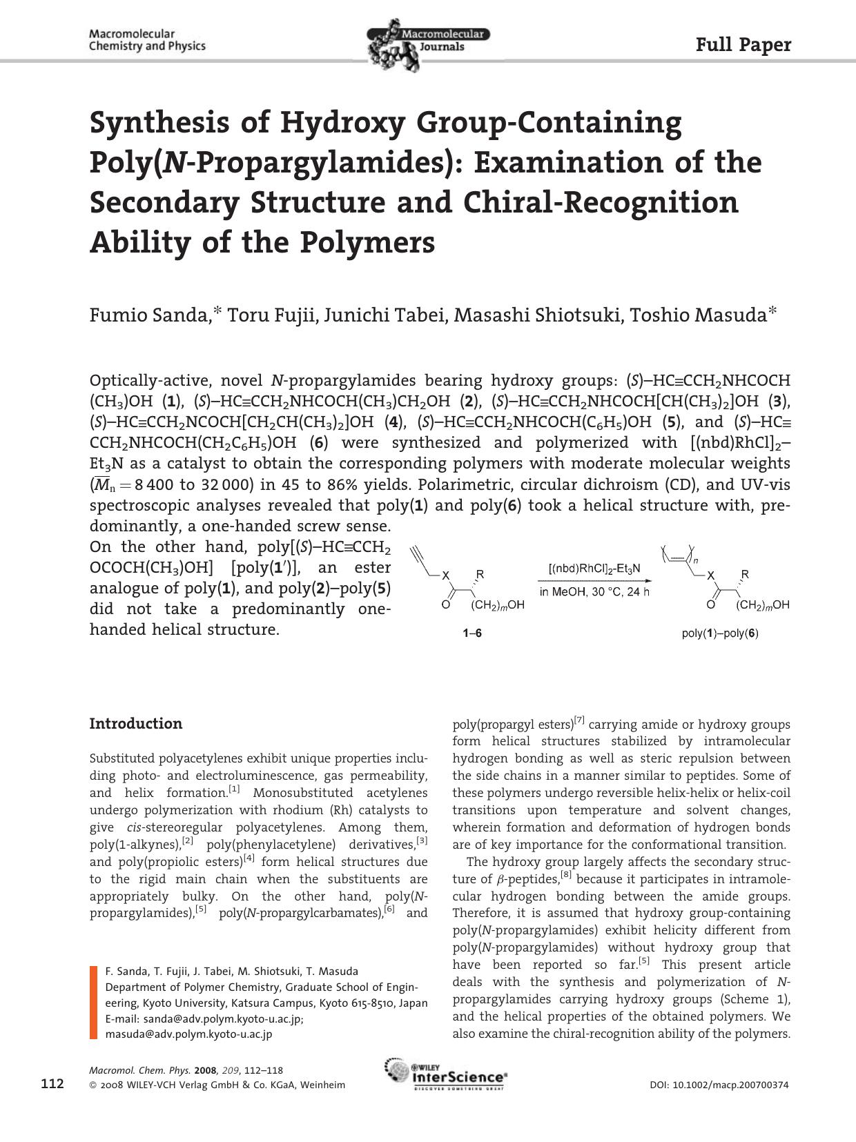 Synthesis of Hydroxy Group-Containing Poly(N-Propargylamides): Examination of the Secondary Structure and Chiral-Recognition Ability of the Polymers by Unknown