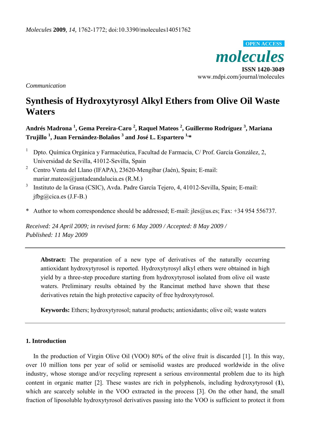Synthesis of Hydroxytyrosyl Alkyl Ethers from Olive Oil Waste Waters by unknow