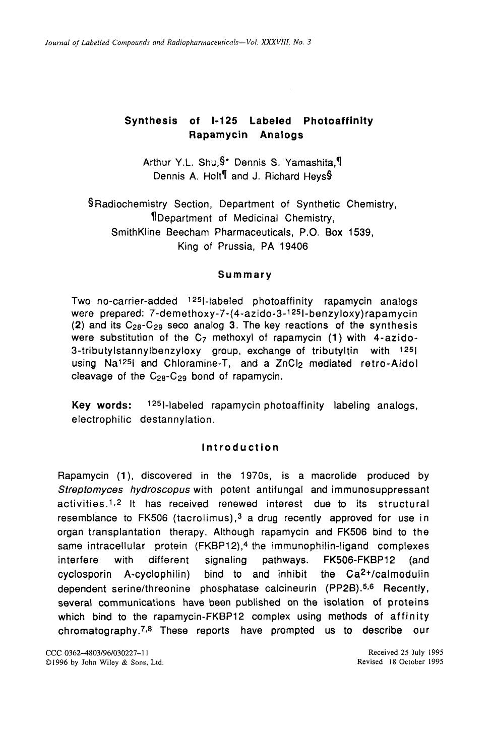 Synthesis of I-125 labeled photoaffinity rapamycin analogs by Unknown