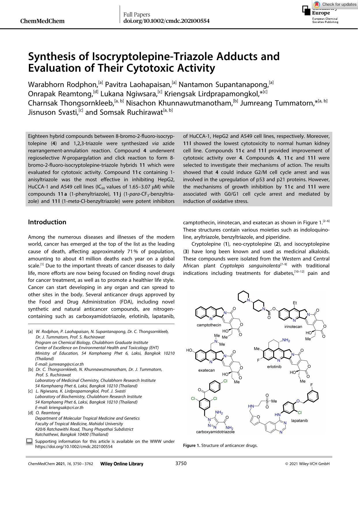 Synthesis of IsocryptolepineâTriazole Adducts and Evaluation of Their Cytotoxic Activity by Unknown