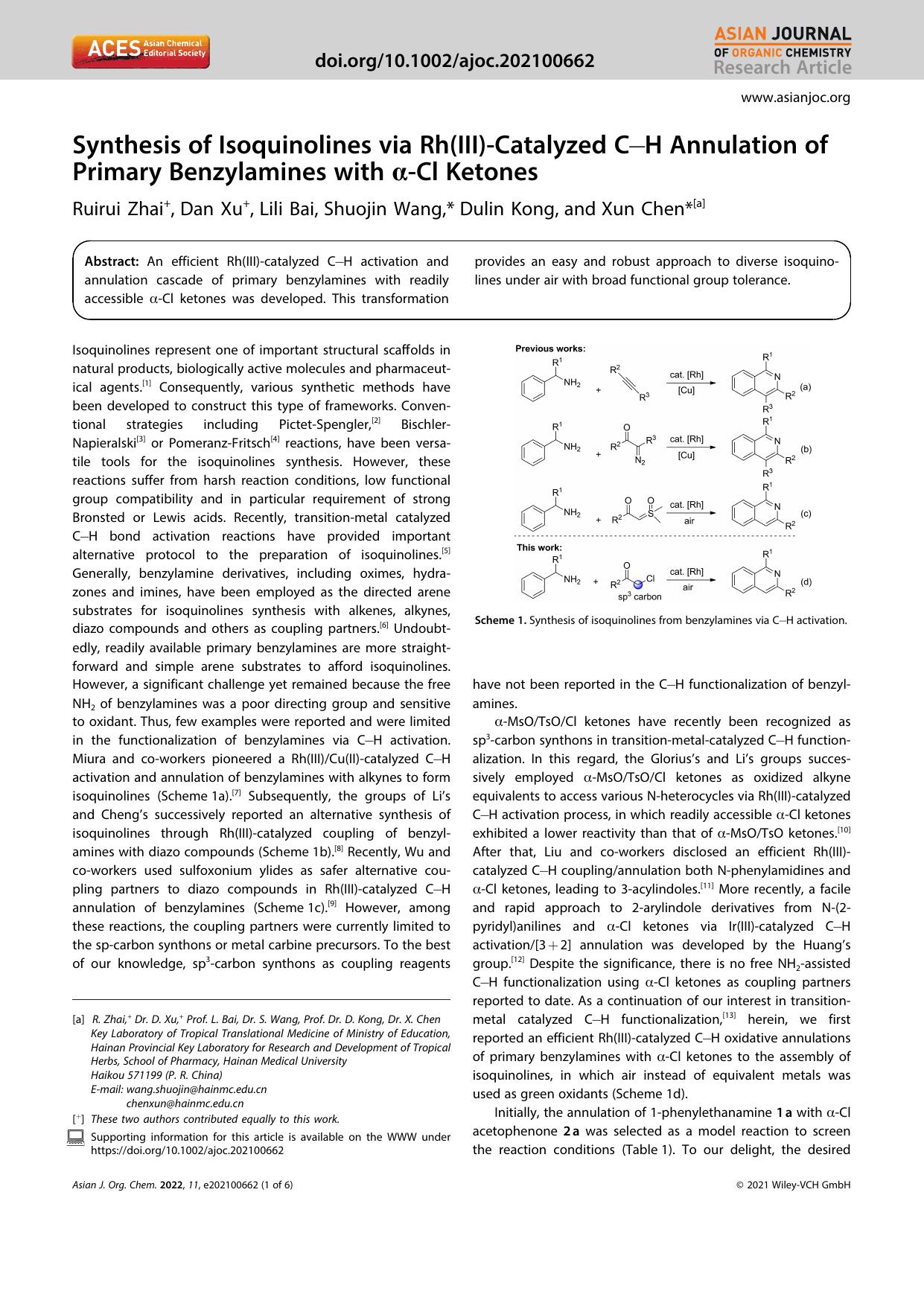 Synthesis of Isoquinolines via Rh(III)âCatalyzed CâH Annulation of Primary Benzylamines with Î±âCl Ketones by Unknown