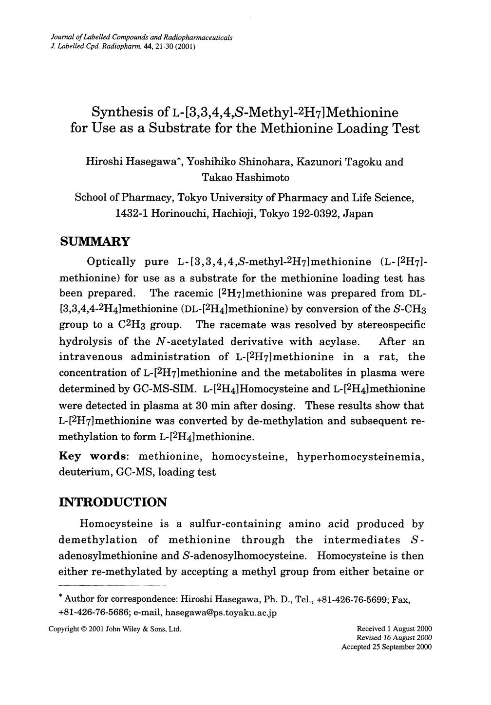 Synthesis of L-[3,3,4,4,S-methyl-2H7]methionine for use as a substrate for the methionine loading test by Unknown