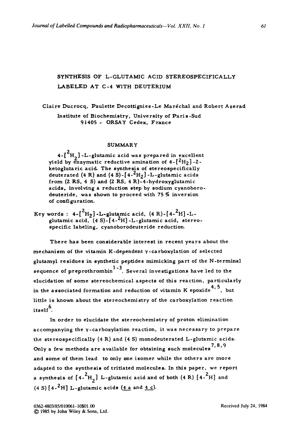 Synthesis of L-glutamic acid stereospecifically labeled at C-4 with deuterium by Unknown
