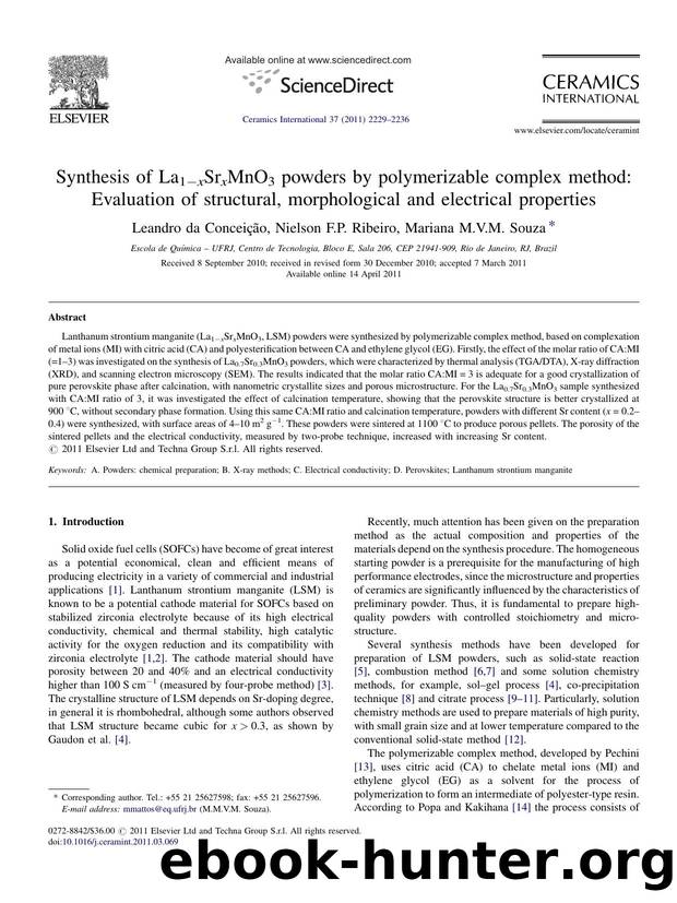 Synthesis of La1Ã¢ËâxSrxMnO3 powders by polymerizable complex method: Evaluation of structural, morphological and electrical properties by Leandro da ConceiÃ§Ã£o