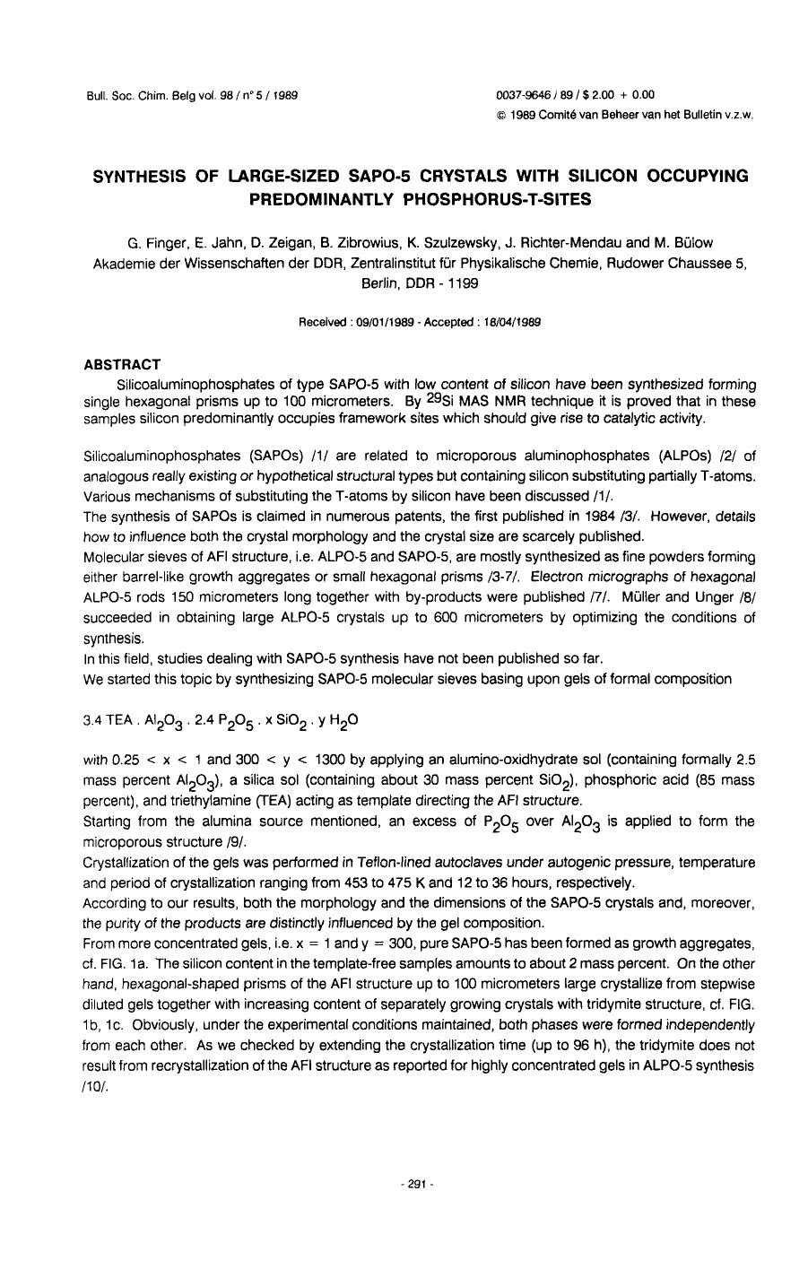 Synthesis of LargeSized Sapo5 Crystals With Silicon Occupying Predominantly PhosphorusTSites by Unknown