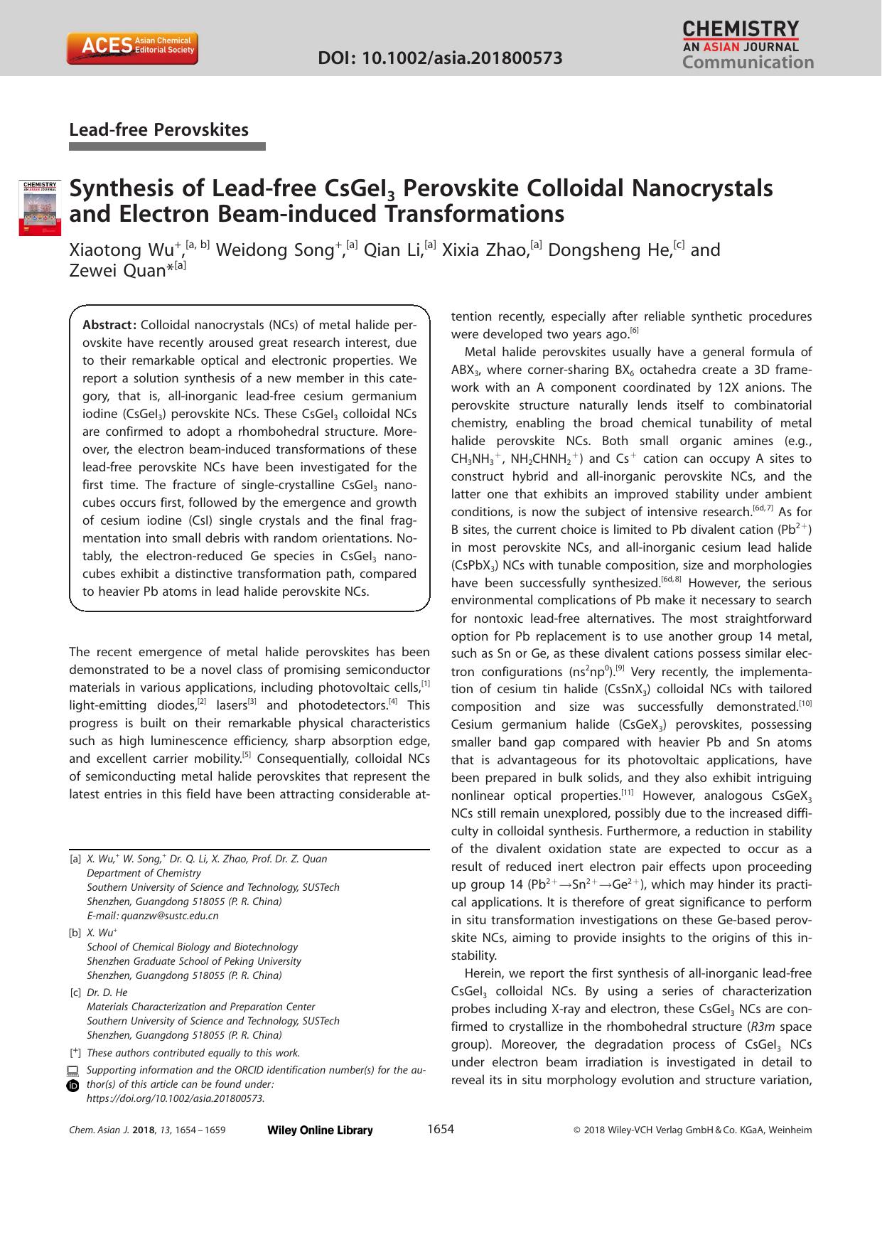 Synthesis of Leadâfree CsGeI3 Perovskite Colloidal Nanocrystals and Electron Beamâinduced Transformations by Unknown