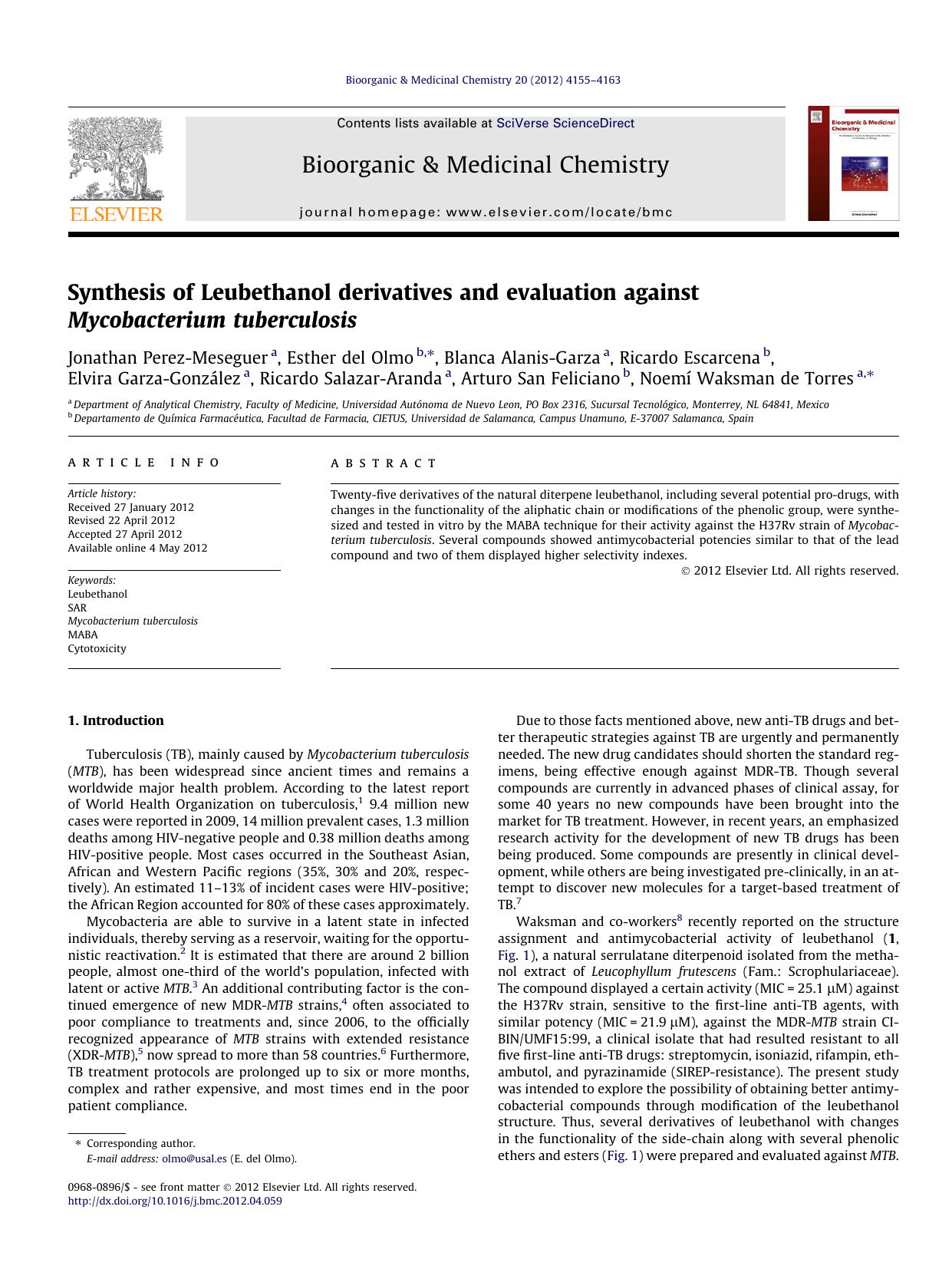 Synthesis of Leubethanol derivatives and evaluation against Mycobacterium tuberculosis by unknow