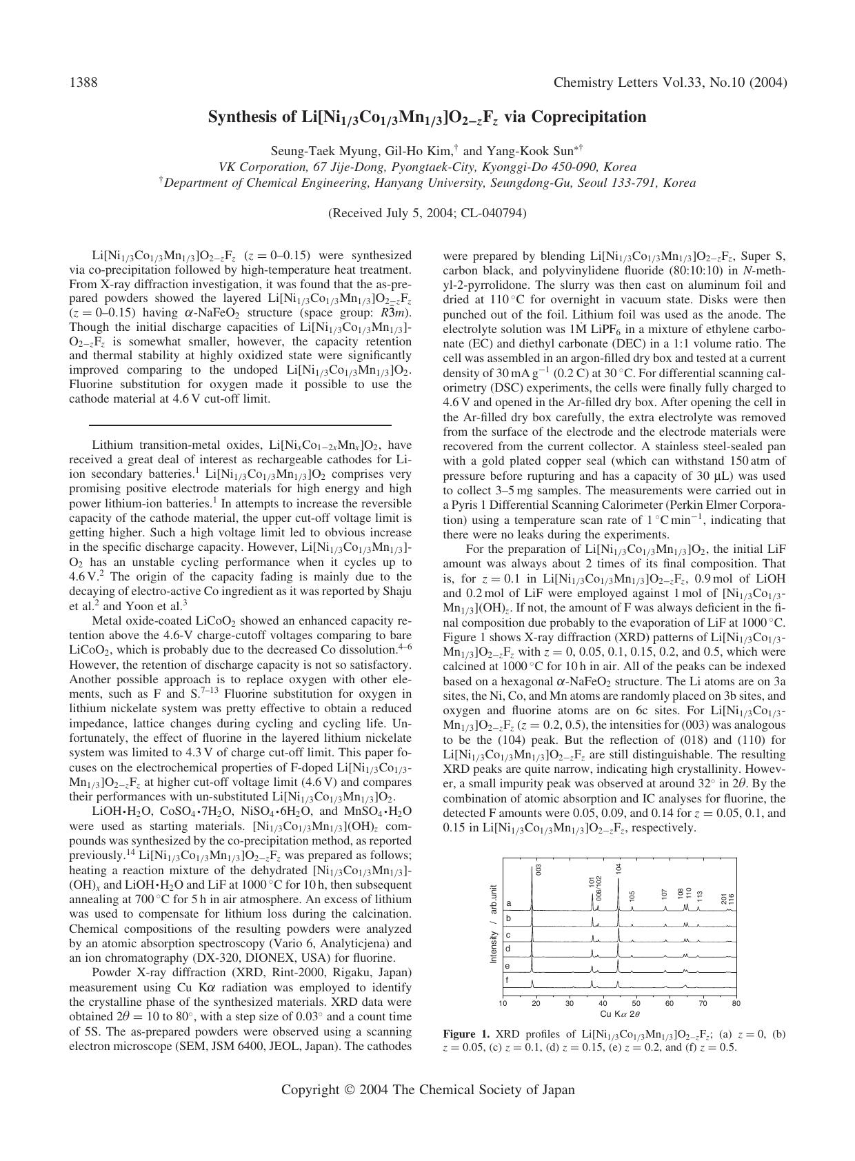 Synthesis of Li[Ni_{13}Co_{13}Mn_{13}]O_{2-z}F_{z} via Coprecipitation by Seung-Taek Myung Gil-Ho Kim and Yang-Kook Sun