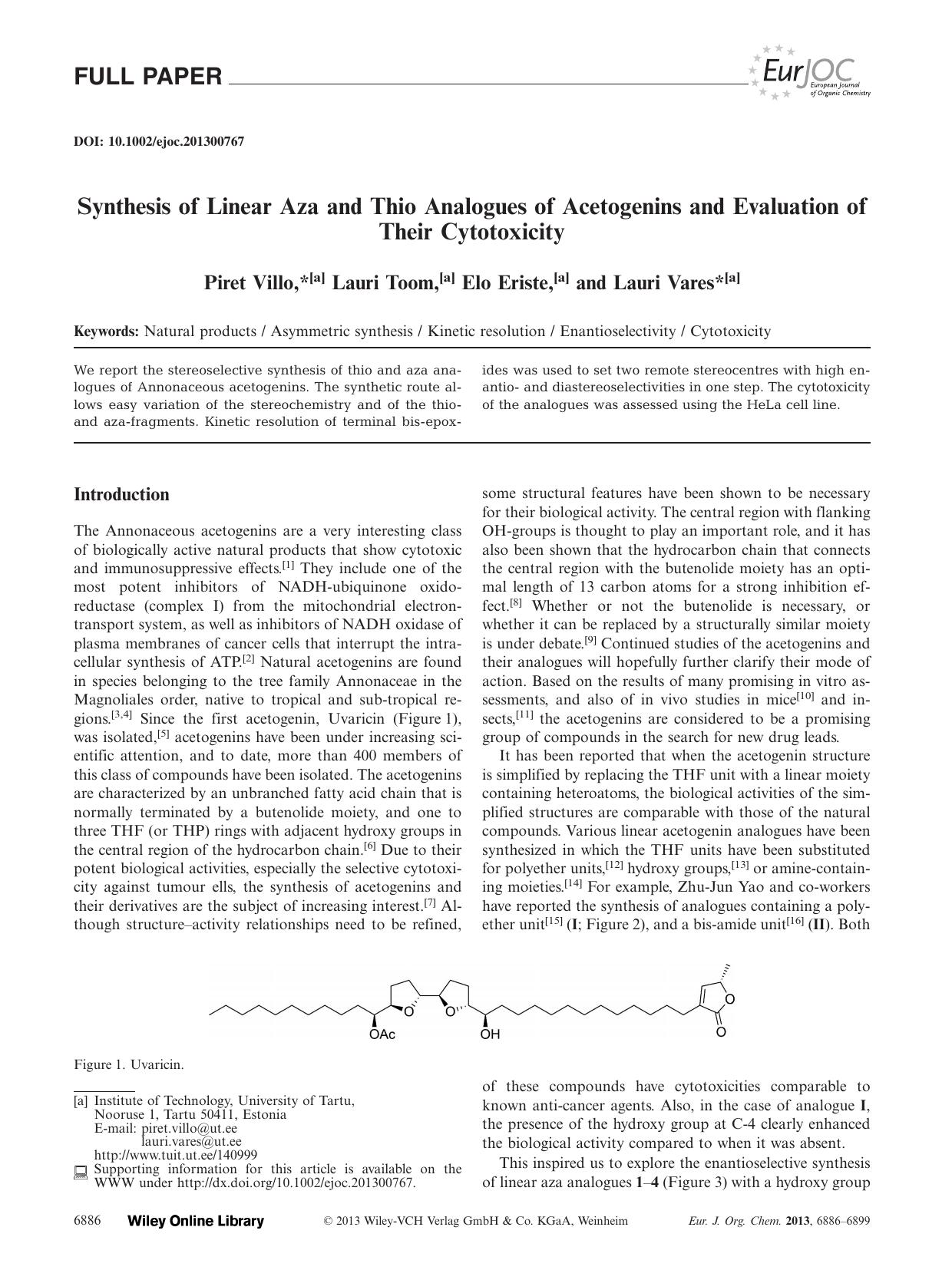 Synthesis of Linear Aza and Thio Analogues of Acetogenins and Evaluation of Their Cytotoxicity by Unknown