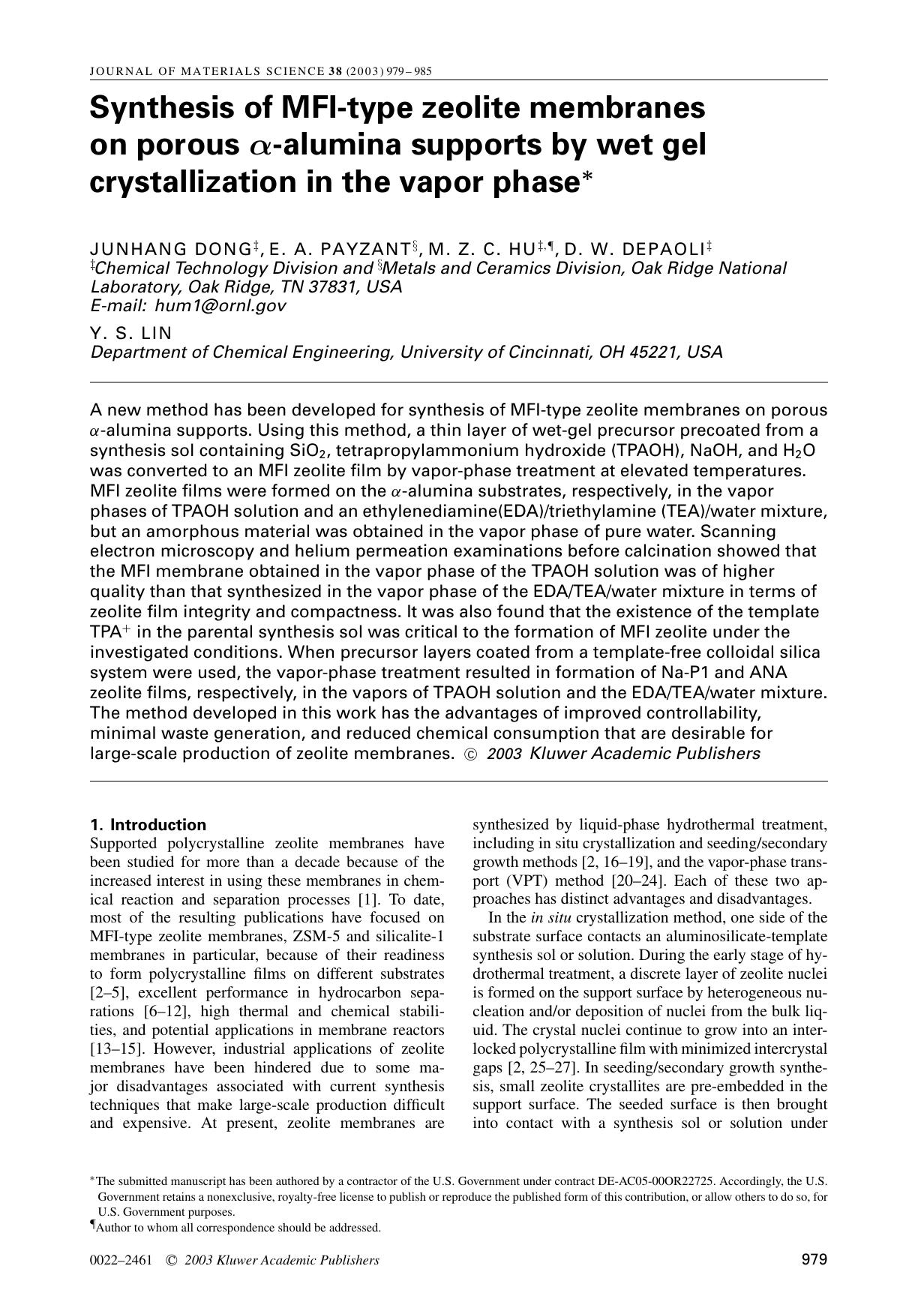 Synthesis of MFI-type zeolite membranes on porous α-alumina supports by wet gel crystallization in the vapor phase by Unknown