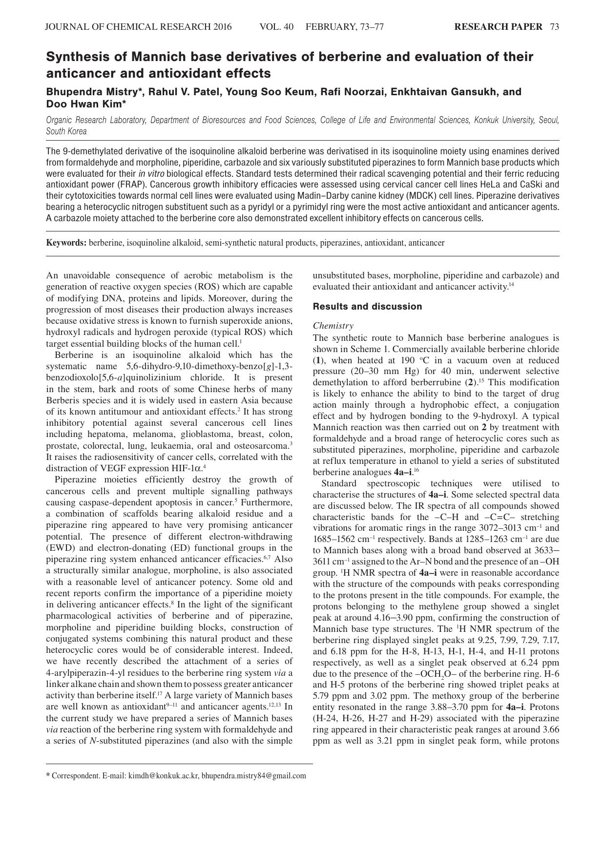 Synthesis of Mannich base derivatives of berberine and evaluation of their anticancer and antioxidant effects by unknow