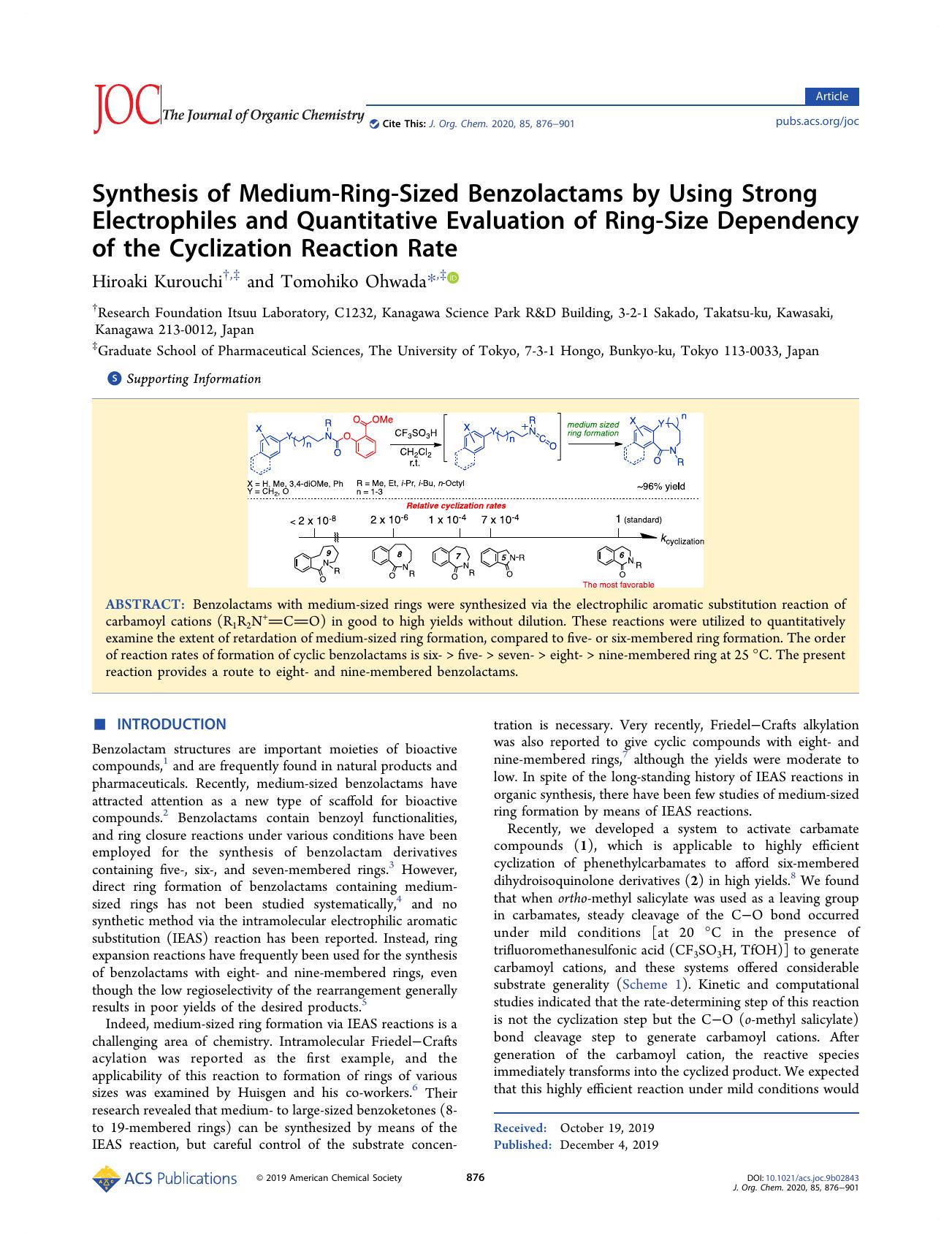 Synthesis of Medium-Ring-Sized Benzolactams by Using Strong Electrophiles and Quantitative Evaluation of Ring-Size Dependency of the Cyclization Reaction Rate by Hiroaki Kurouchi; Tomohiko Ohwada & Tomohiko Ohwada