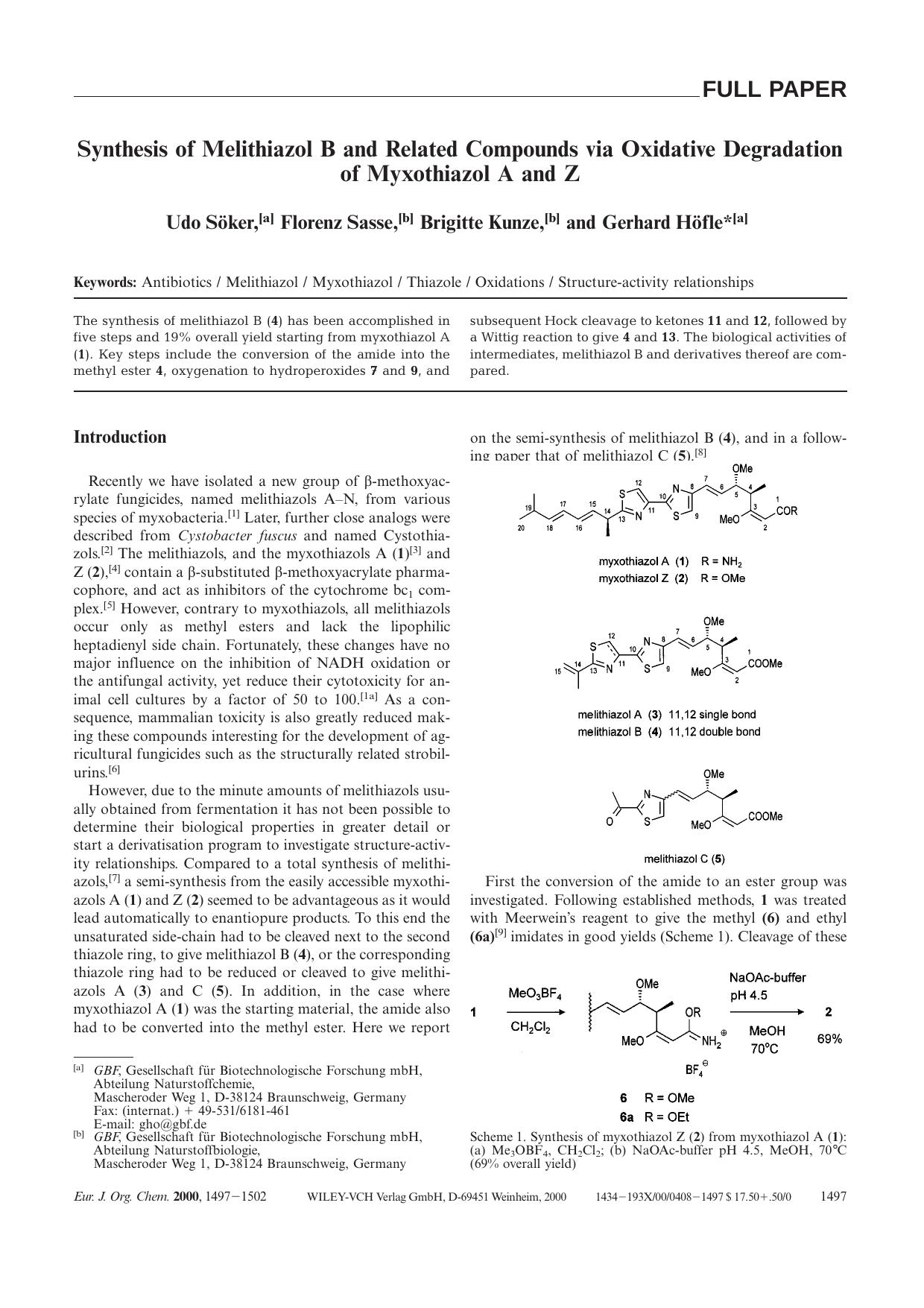 Synthesis of Melithiazol B and Related Compounds via Oxidative Degradation of Myxothiazol A and Z by Unknown