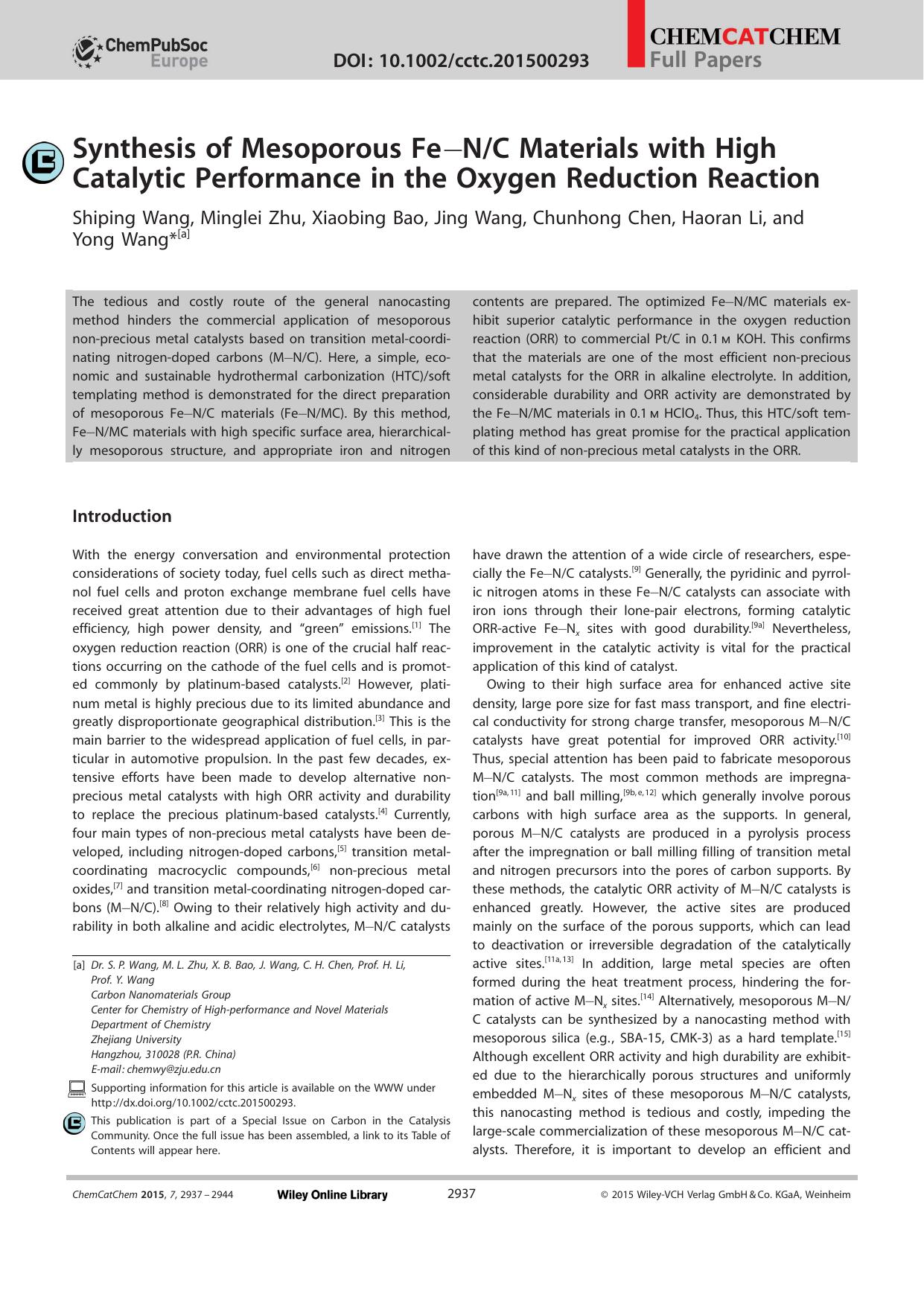 Synthesis of Mesoporous FeNC Materials with High Catalytic Performance in the Oxygen Reduction Reaction by Unknown