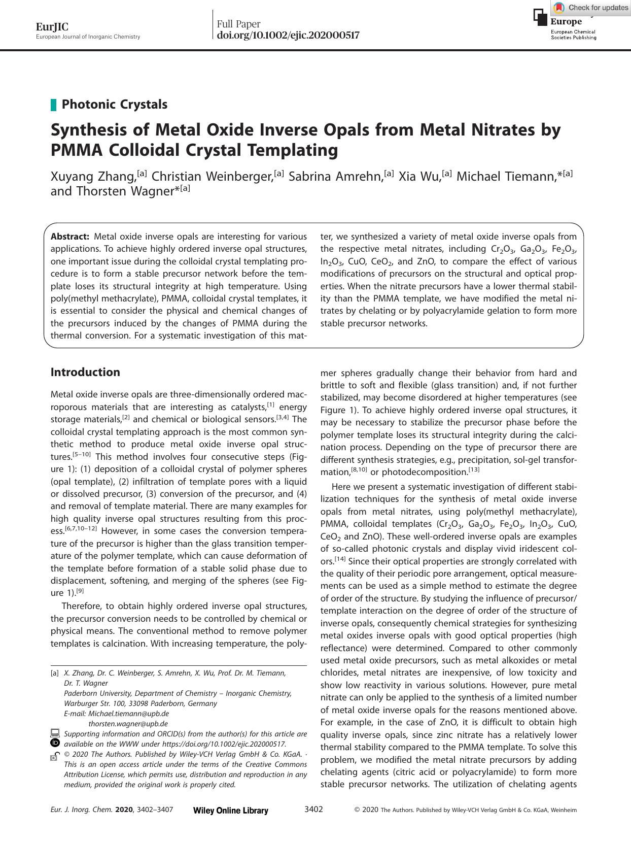Synthesis of Metal Oxide Inverse Opals from Metal Nitrates by PMMA Colloidal Crystal Templating by Unknown