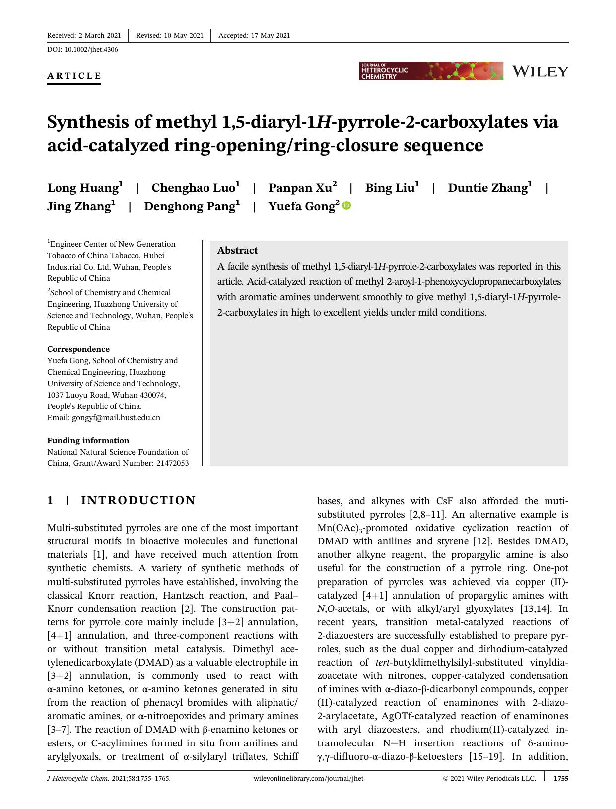 Synthesis of Methyl 1, 5-Diaryl-1H-pyrrole-2-carboxylates via Acid-catalyzed Ring-openingRing-closure Sequence by Unknown