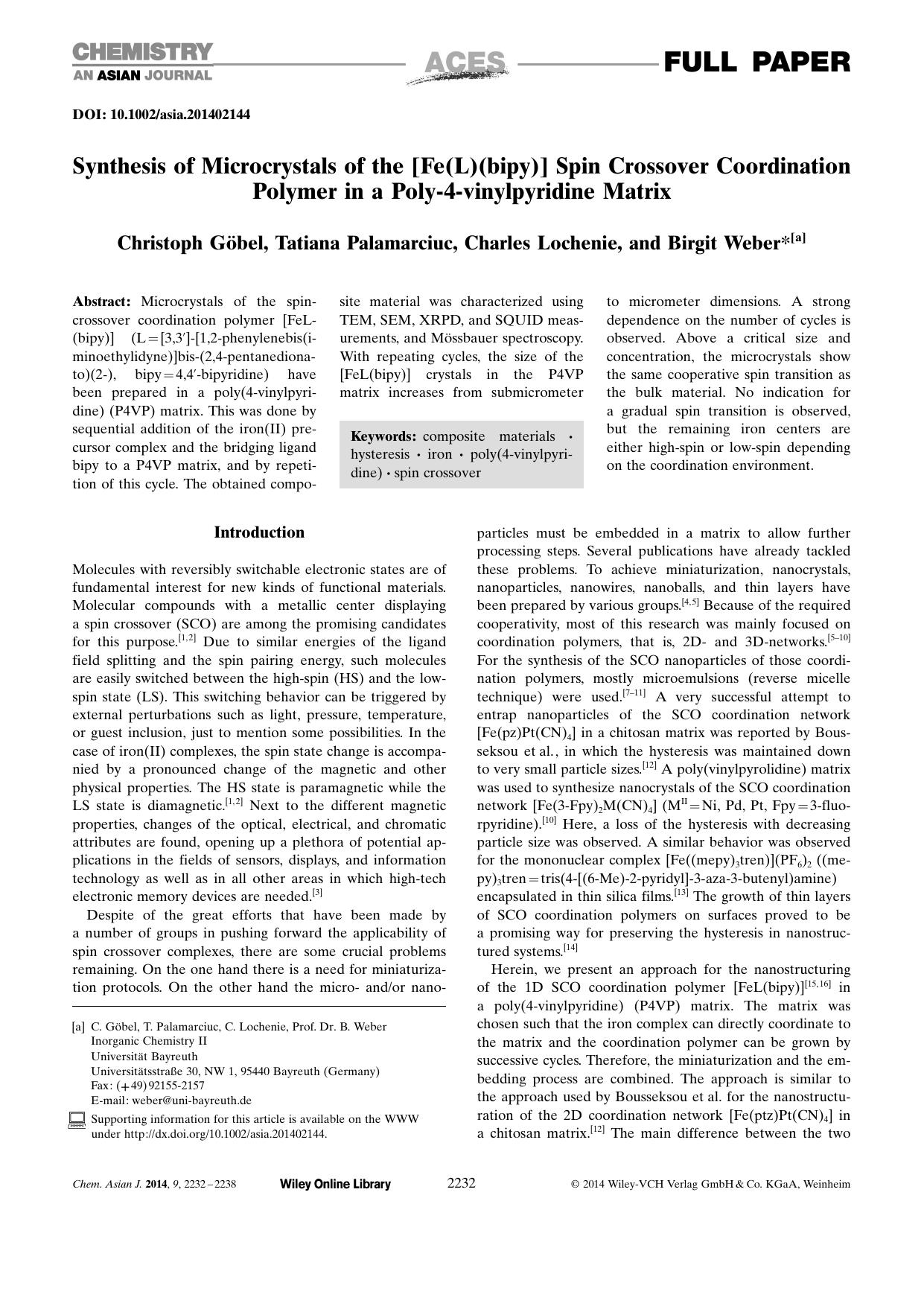 Synthesis of Microcrystals of the [Fe(L)(bipy)] Spin Crossover Coordination Polymer in a Poly4vinylpyridine Matrix by Unknown