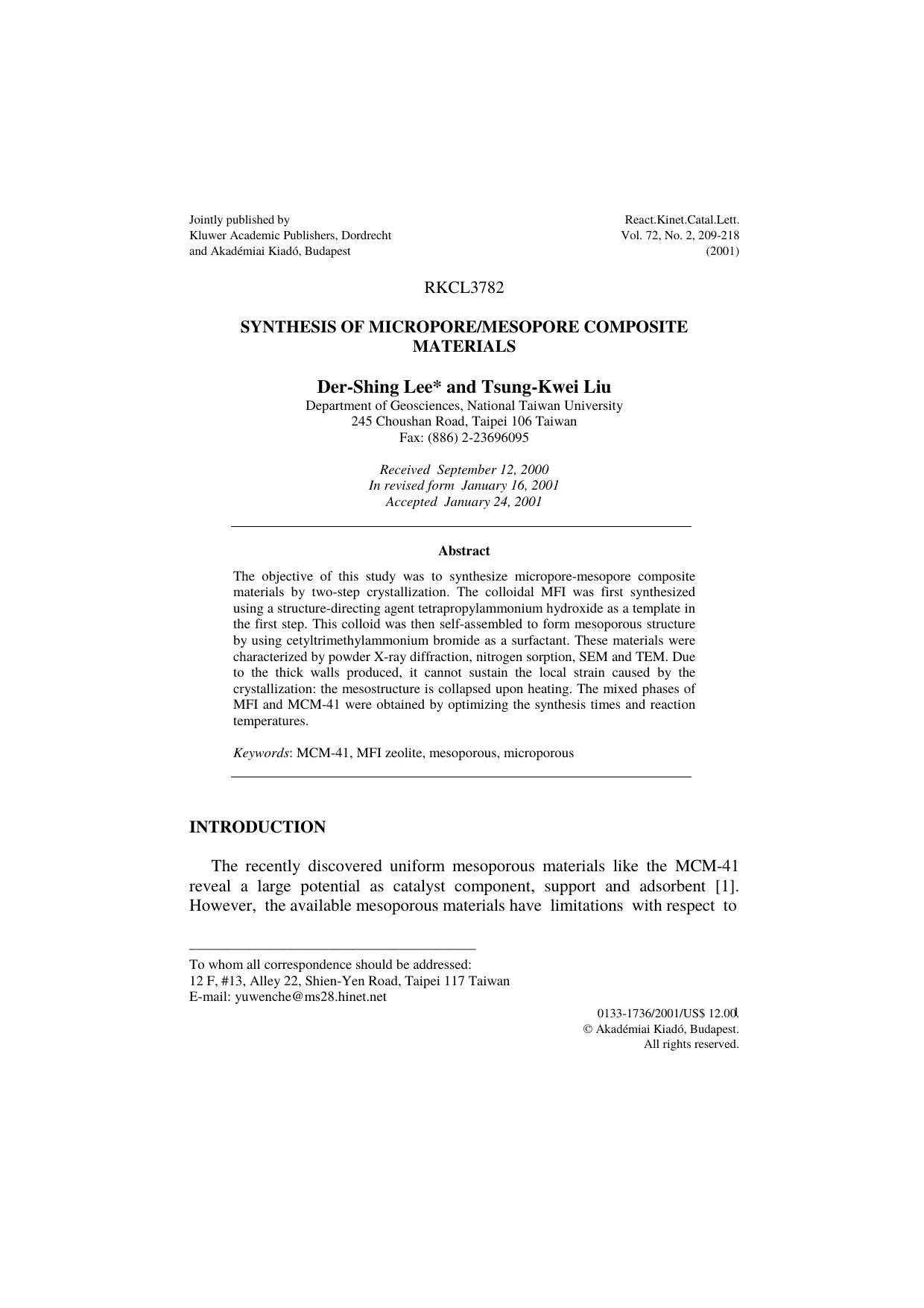 Synthesis of MicroporeMesopore Composite Materials by Unknown
