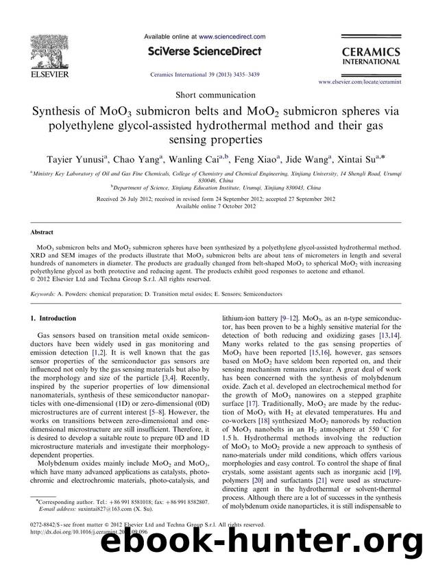 Synthesis of MoO3 submicron belts and MoO2 submicron spheres via polyethylene glycol-assisted hydrothermal method and their gas sensing properties by Tayier Yunusi & Chao Yang & Wanling Cai & Feng Xiao & Jide Wang & Xintai Su