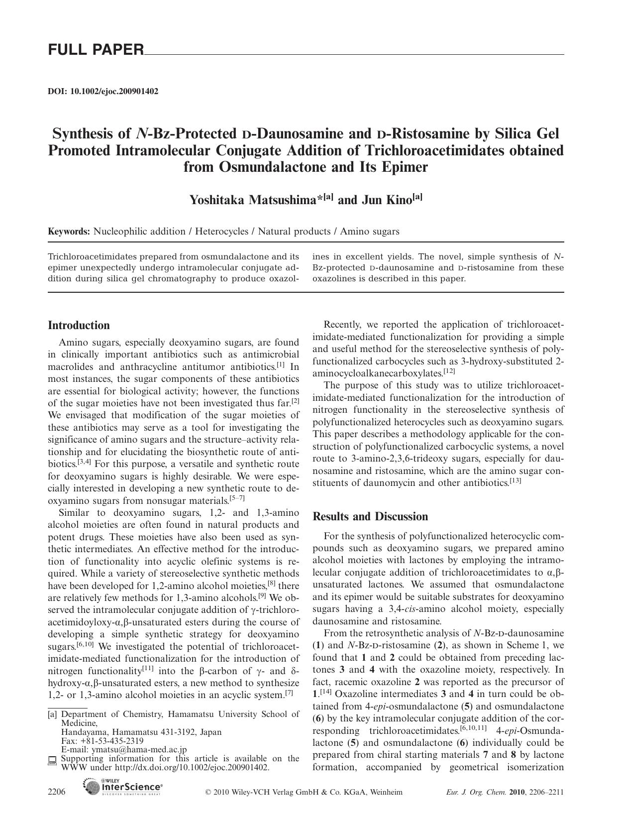 Synthesis of N?Bz?Protected D?Daunosamine and D?Ristosamine by Silica Gel Promoted Intramolecular Conjugate Addition of Trichloroacetimidates obtained from Osmundalactone and Its Epimer by Unknown