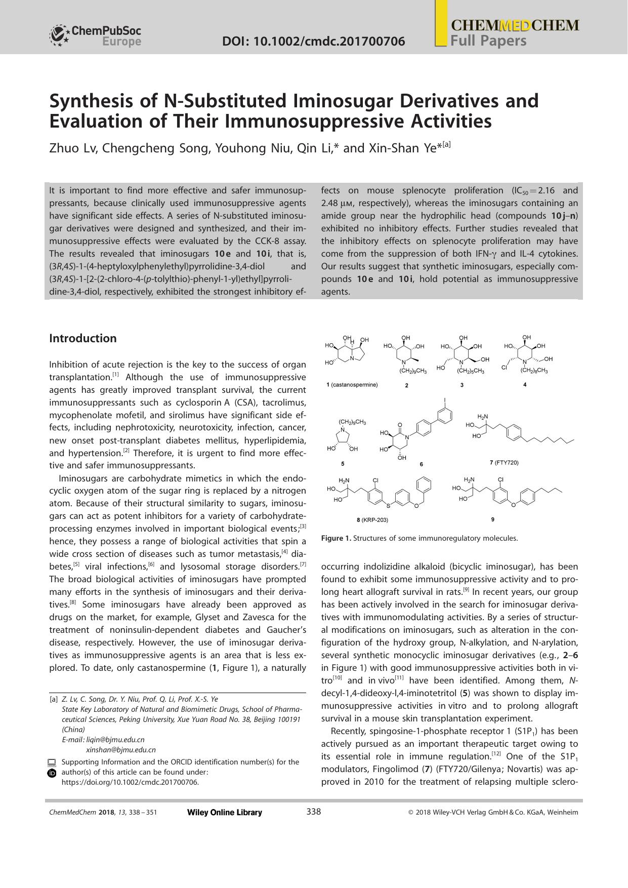 Synthesis of NâSubstituted Iminosugar Derivatives and Evaluation of Their Immunosuppressive Activities by Unknown