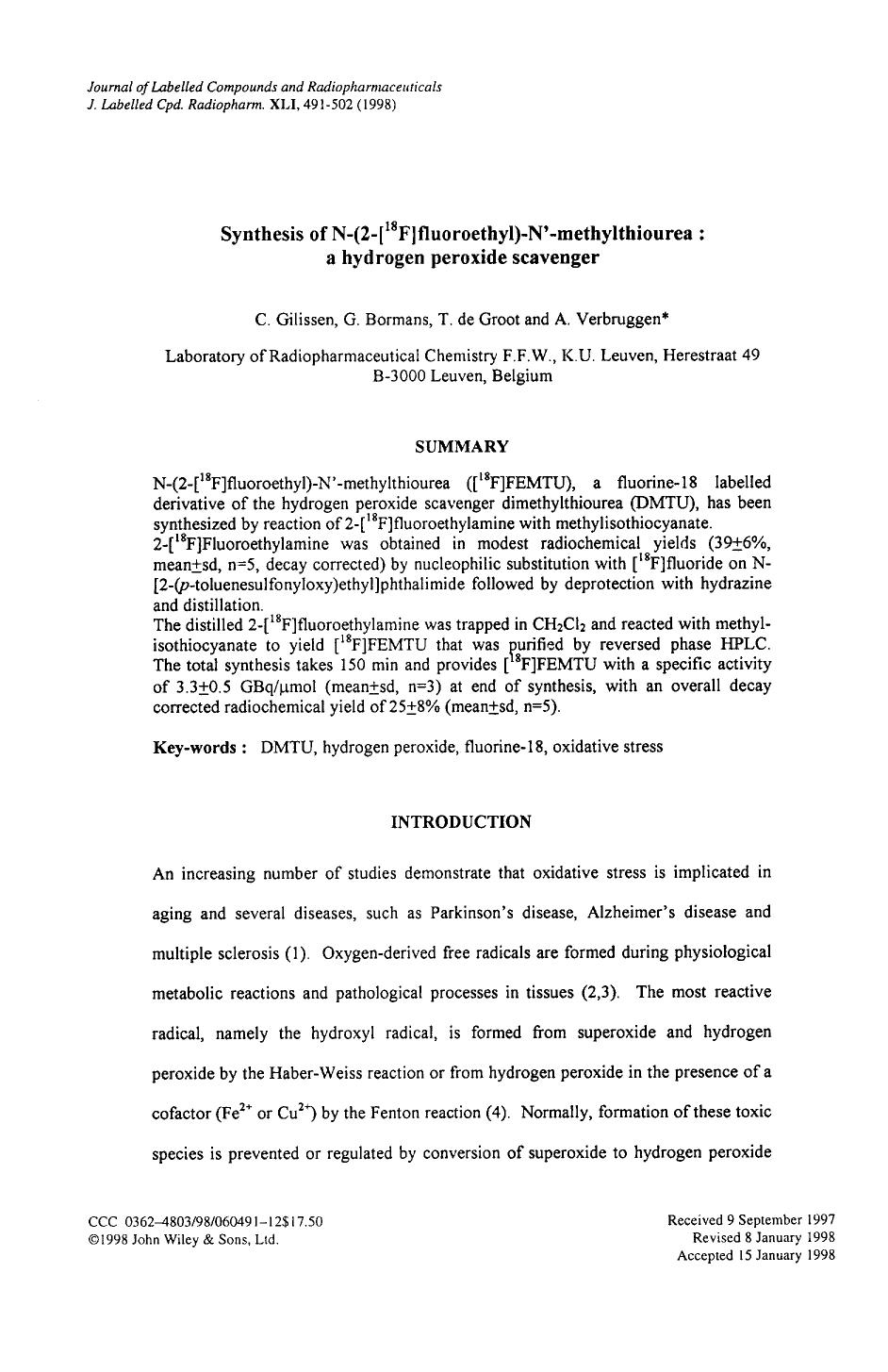 Synthesis of N-(2-[18F]fluoroethyl)-N[prime]-methylthiourea: a hydrogen peroxide scavenger by Unknown