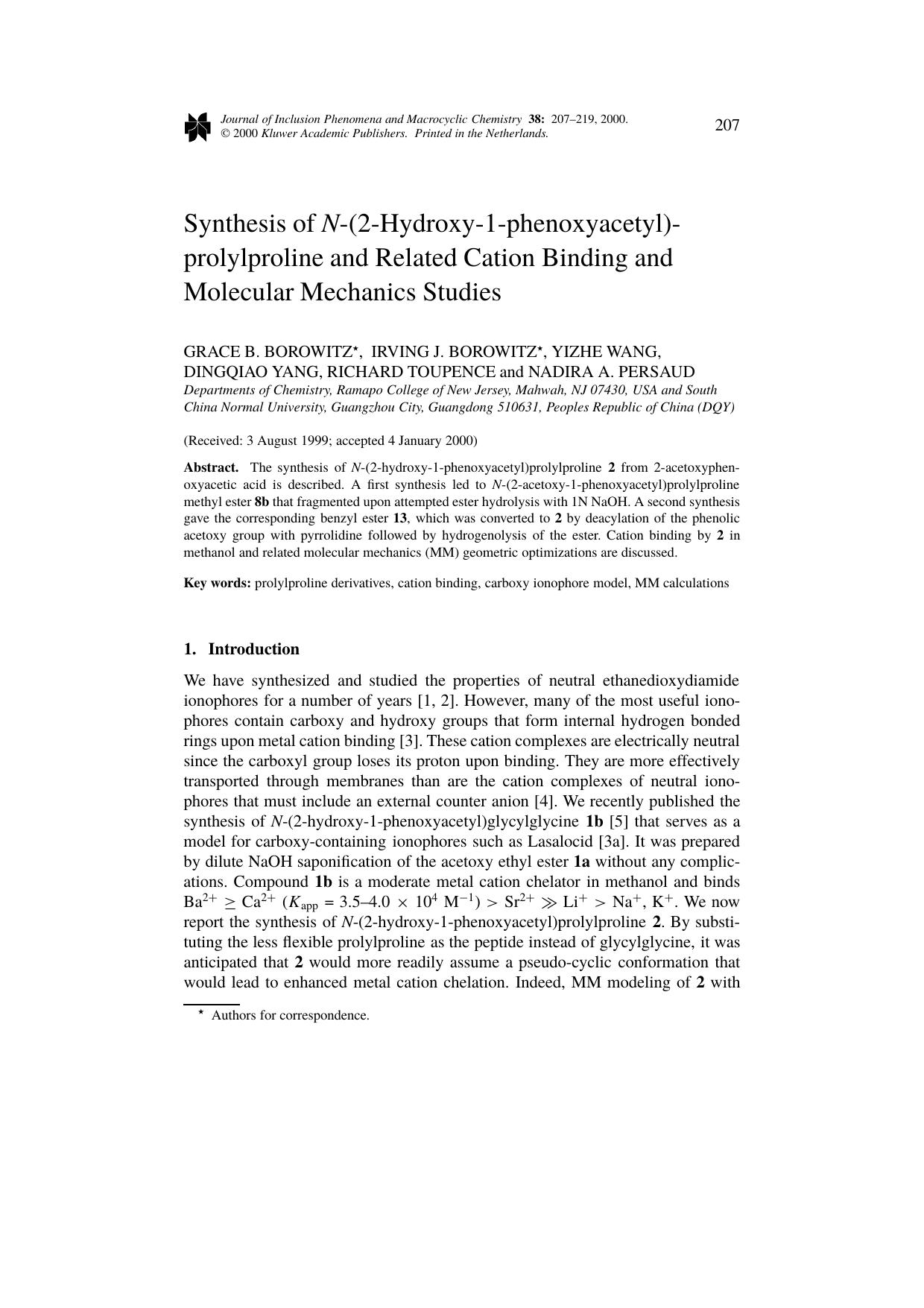 Synthesis of N-(2-Hydroxy-1-phenoxyacetyl)- prolylproline and Related Cation Binding and Molecular Mechanics Studies by Unknown