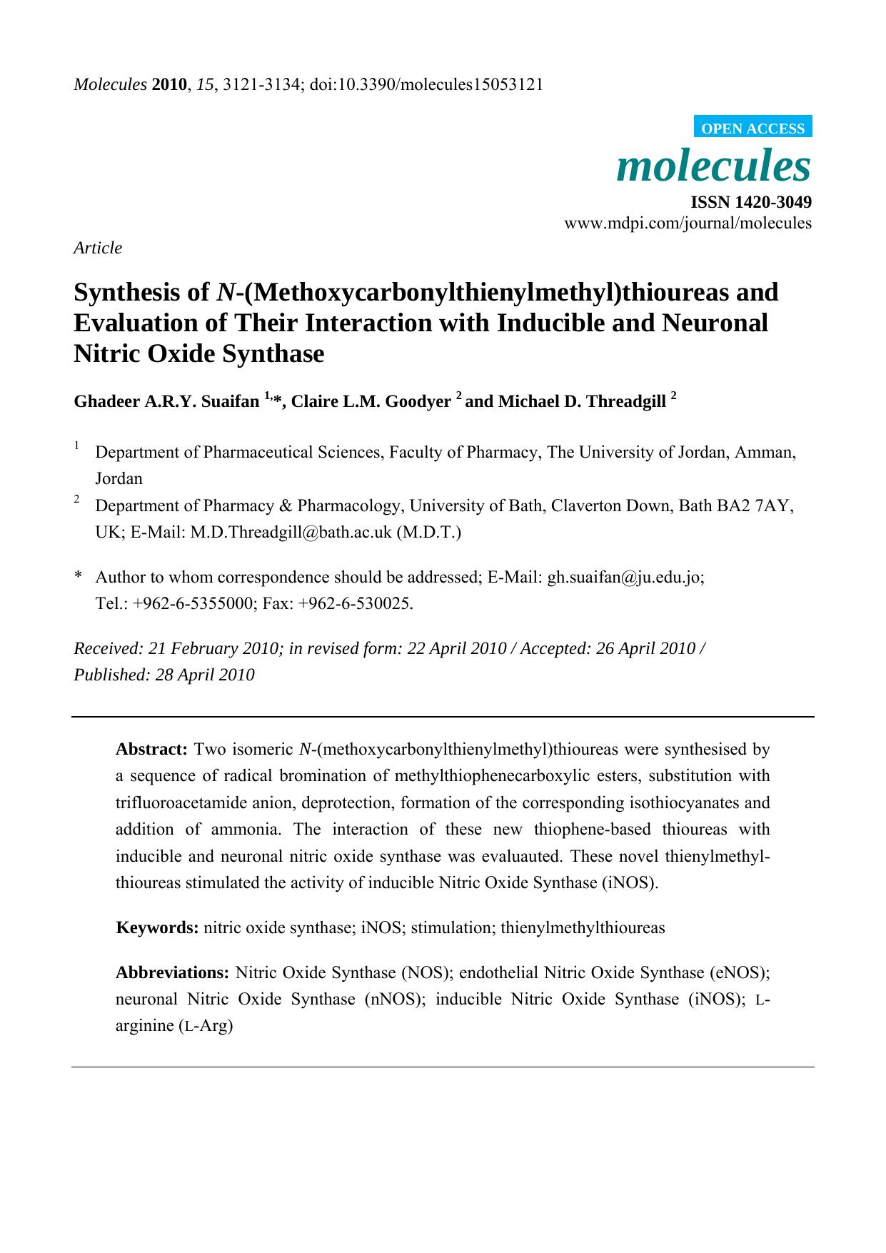 Synthesis of N-(MethoxyÂ¬carbonylÂ¬thienÂ¬ylÂ¬Â¬methyl)thioureas and Evaluation of Their Interaction with Inducible and Neuronal Nitric Oxide Synthase by Ghadeer A.R.Y. Suaifan & Claire L.M. Goodyer & Michael D. Threadgill