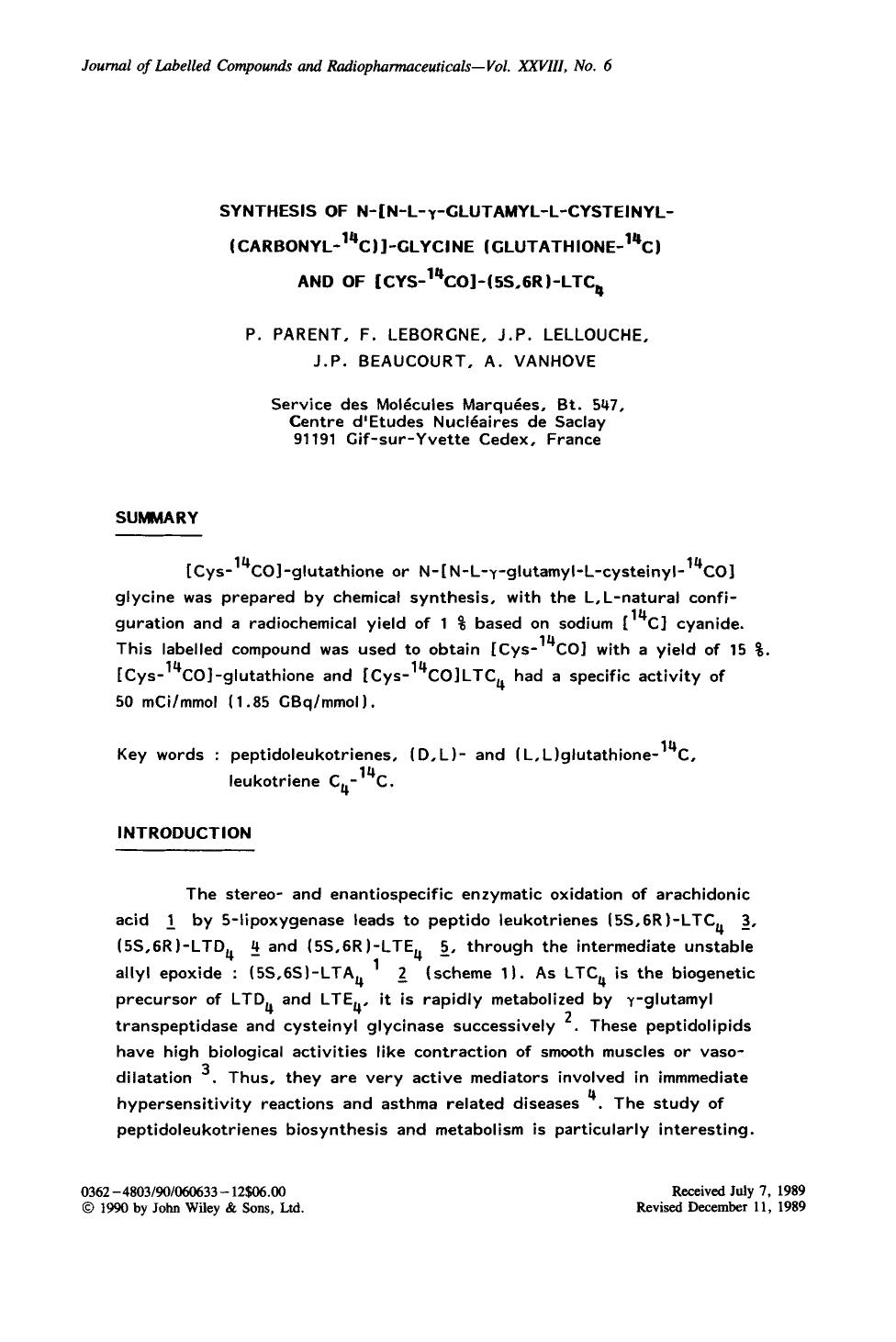 Synthesis of N-[N-L-[gamma]-glutamyl-L-cysteinyl-(carbonyl-14C)]-glycine (glutathione-14C) and of [Cys-14CO]-(5S,6R)-LTC4 by Unknown
