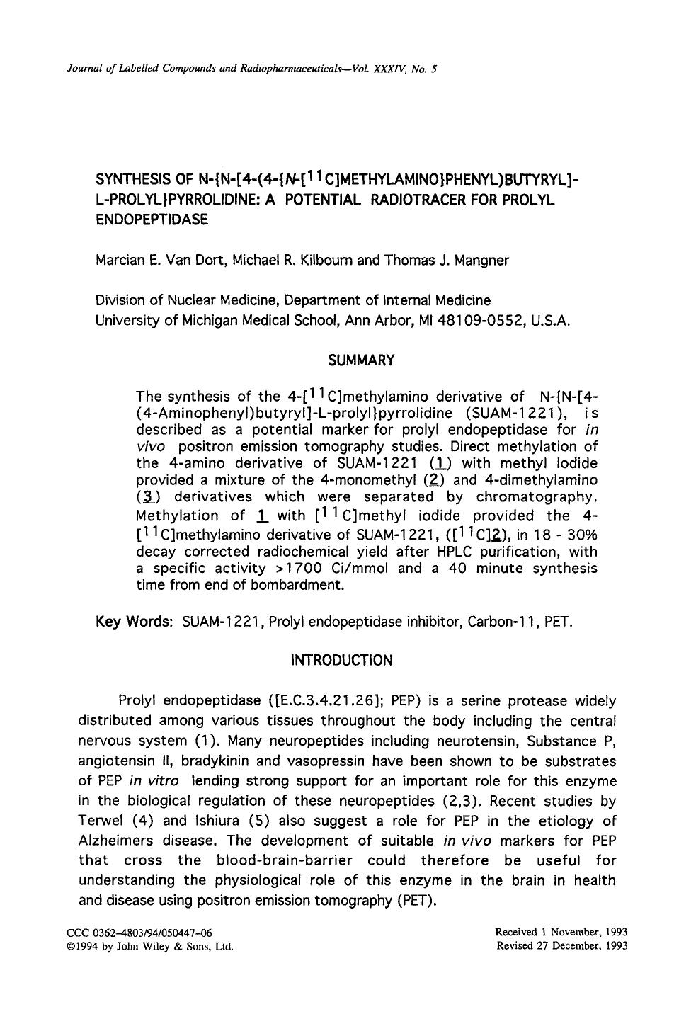 Synthesis of N-[lcub]N-[4-(4-[lcub]N-[11C]methylamino[rcub]phenyl)butyryl]-L-prolyl[rcub]pyrrolidine: A potential radiotracer for prolyl endopeptidase by Unknown