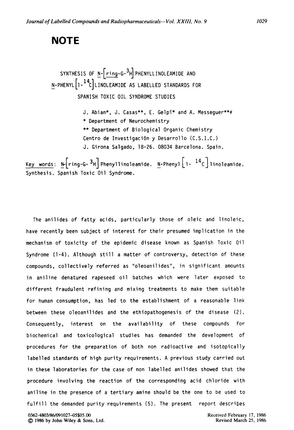 Synthesis of N-[ring-G-3H]phenyllinoleamide and N-phenyl[1-14C]linoleamide as labelled standards for spanish toxic oil syndrome studies by Unknown